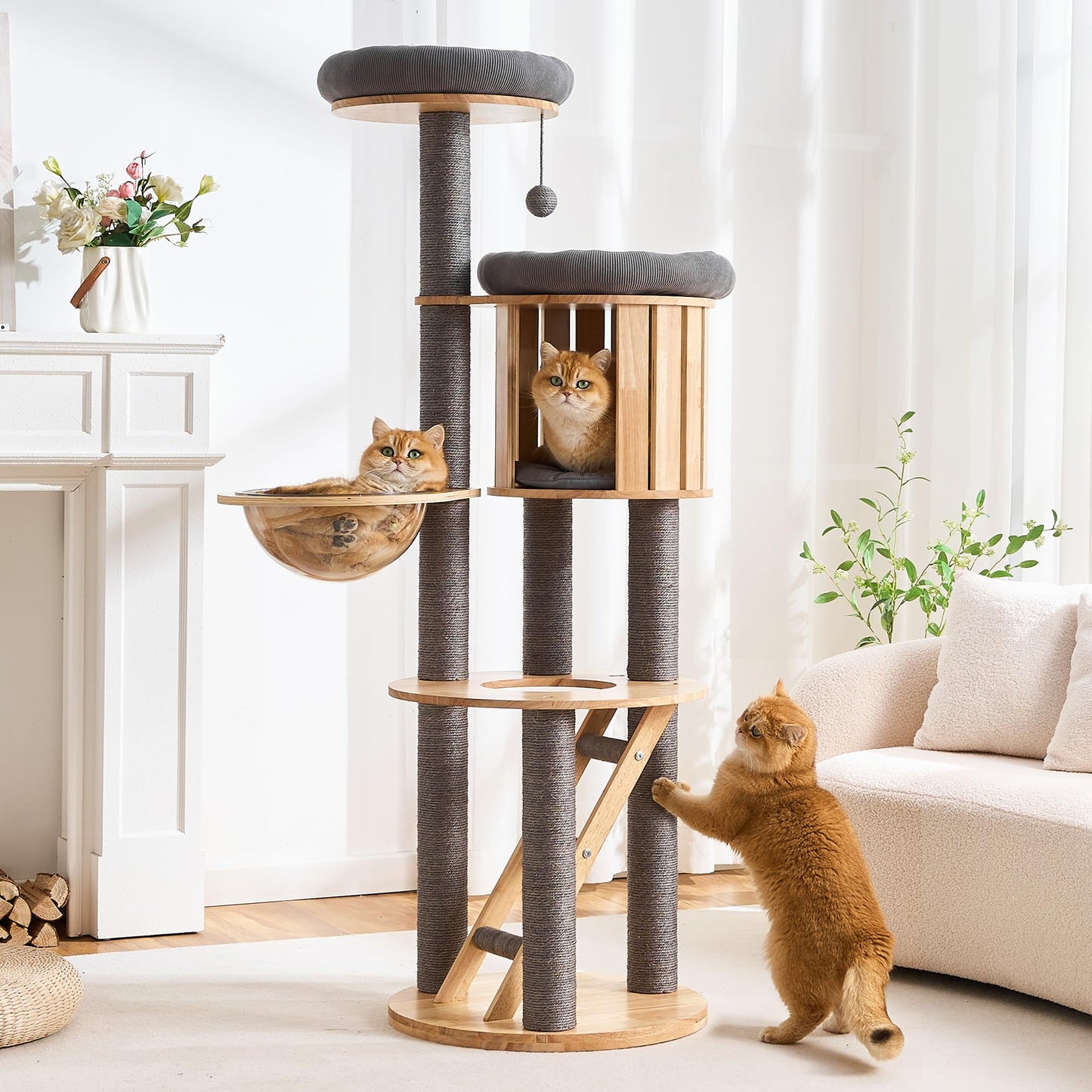 Solid Wood Cat Tree Tower 53 Inch Scratching Post Capsule Bed