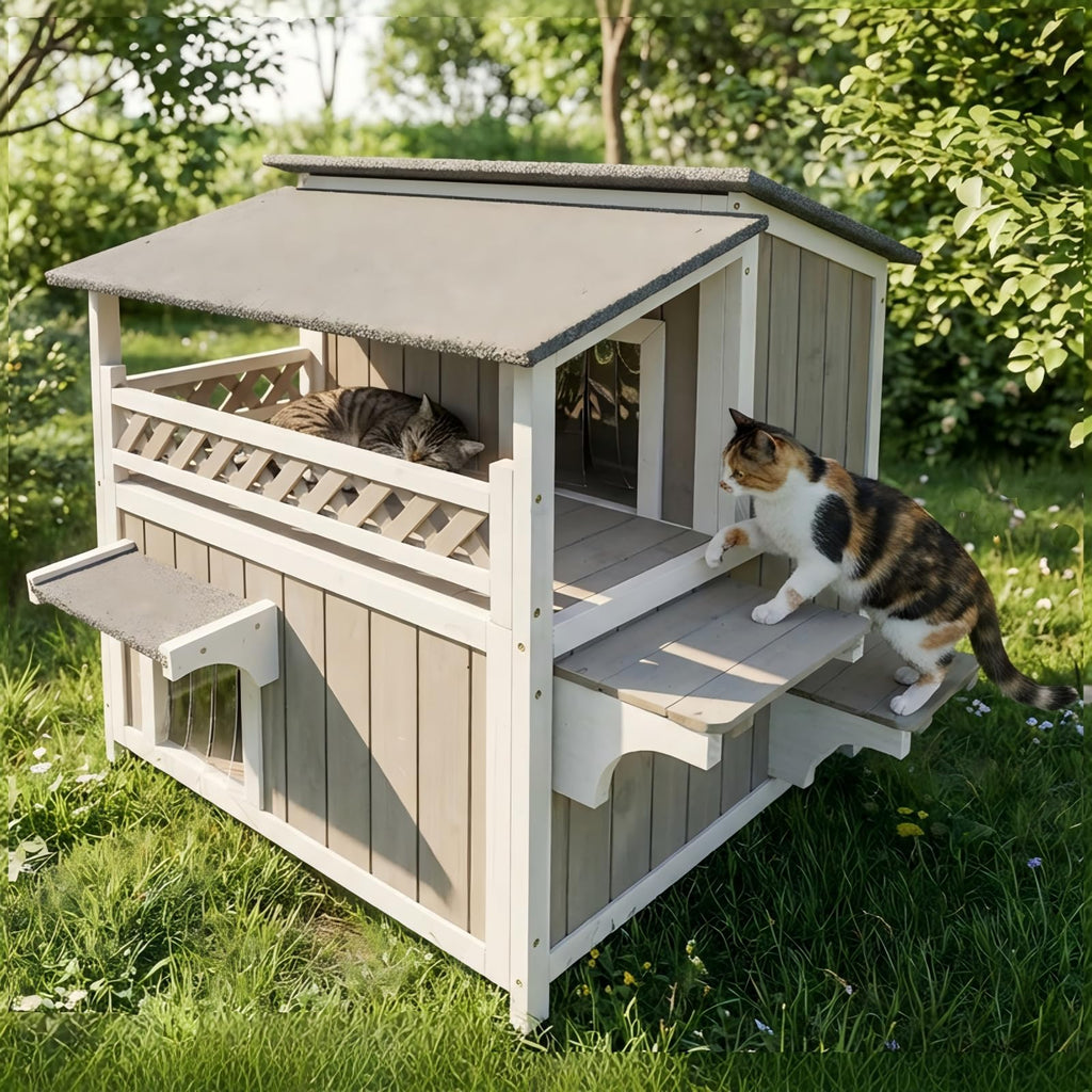 Pawbuilt Outdoor & Indoor Wooden Cat House, Weatherproof Two-Story Cat Shelter, Enclosed Multi-Level Cat Home for Cats