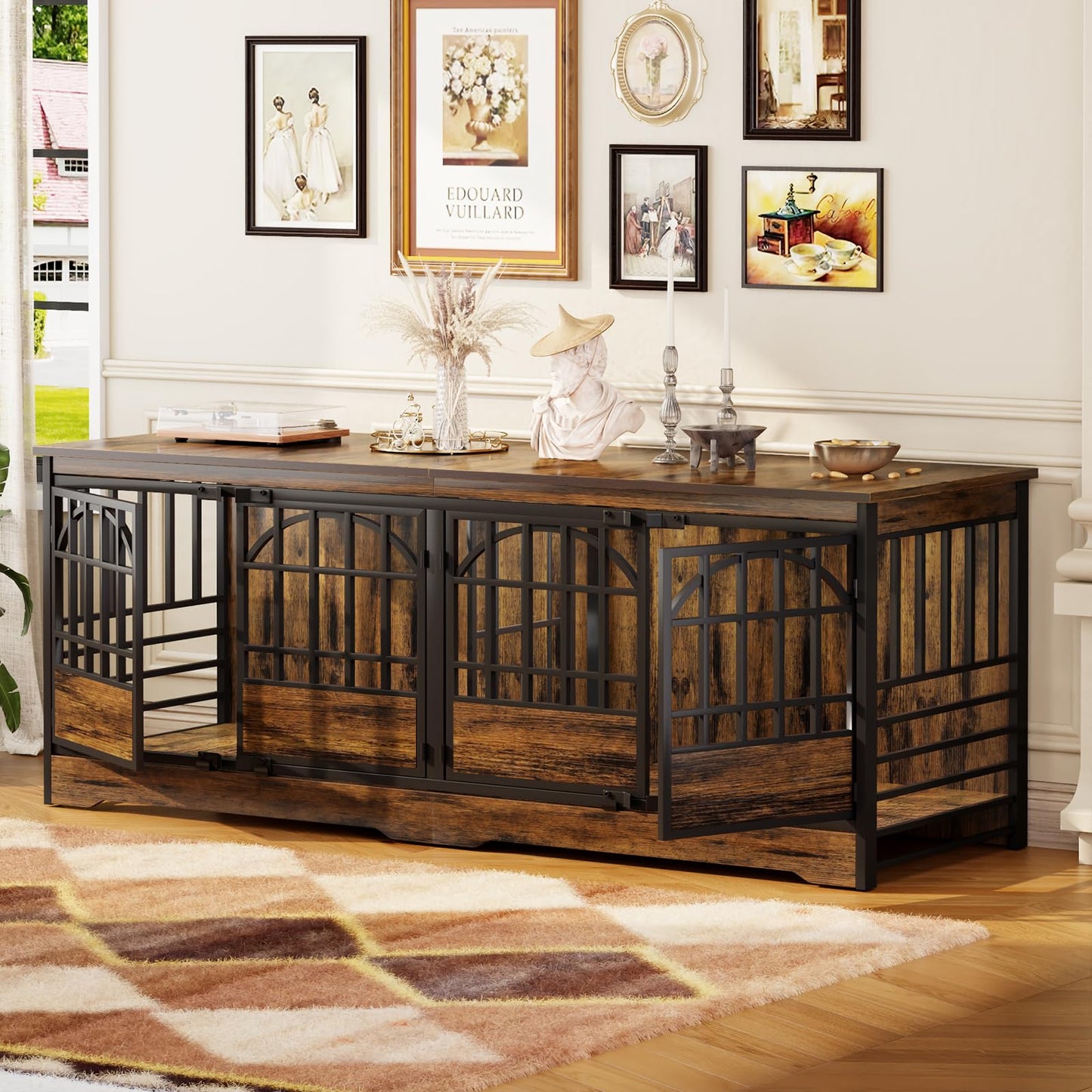 Double Dog Crate Furniture XL Indoor Kennel Divider TV Stand