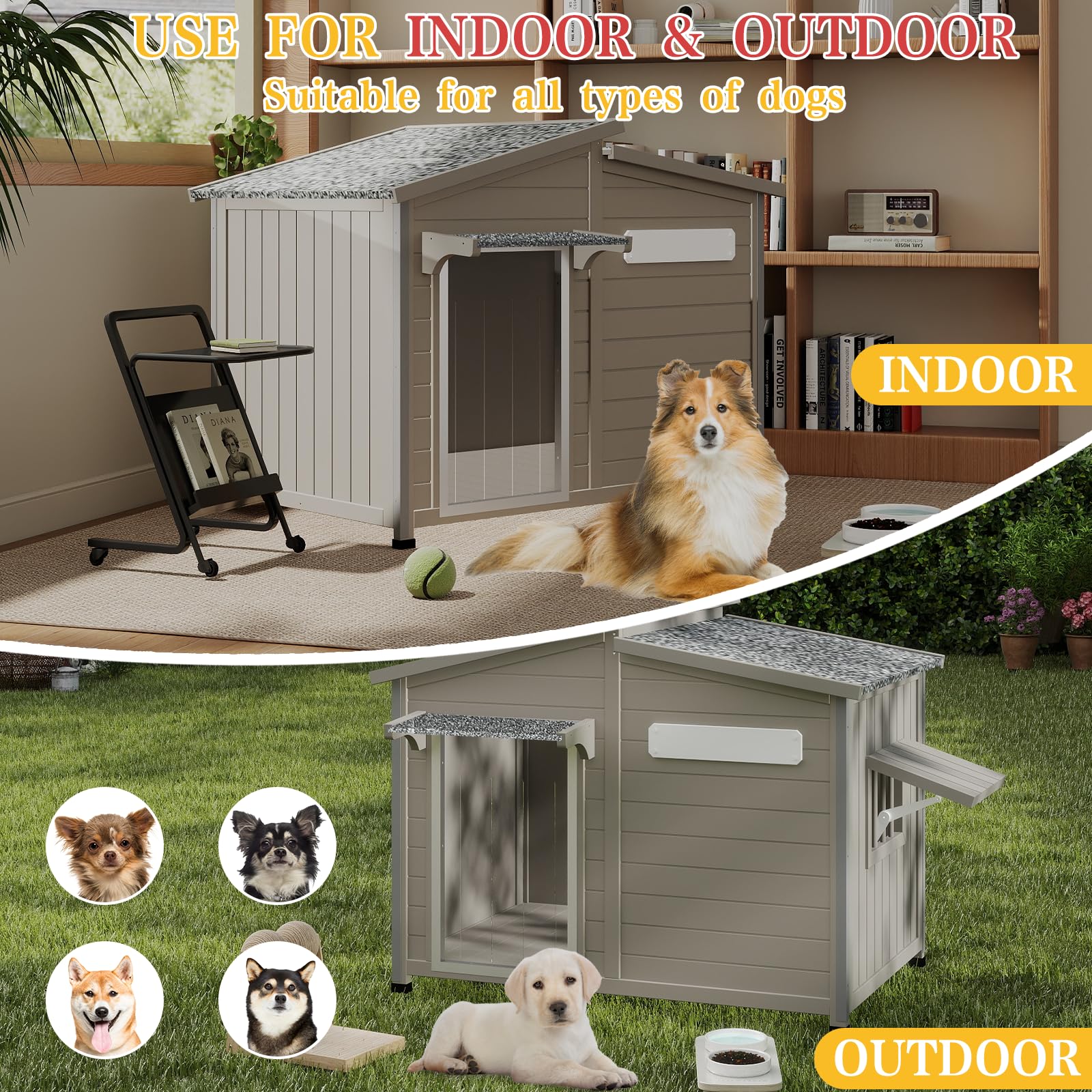 Ketive Outdoor Dog House with Removable Floor, Raised Feet, Anti-Chewing Iron Frame – Weatherproof Wooden Kennel with Roof, Movable Window for Indoor/Outdoor Use, Ideal for Dogs