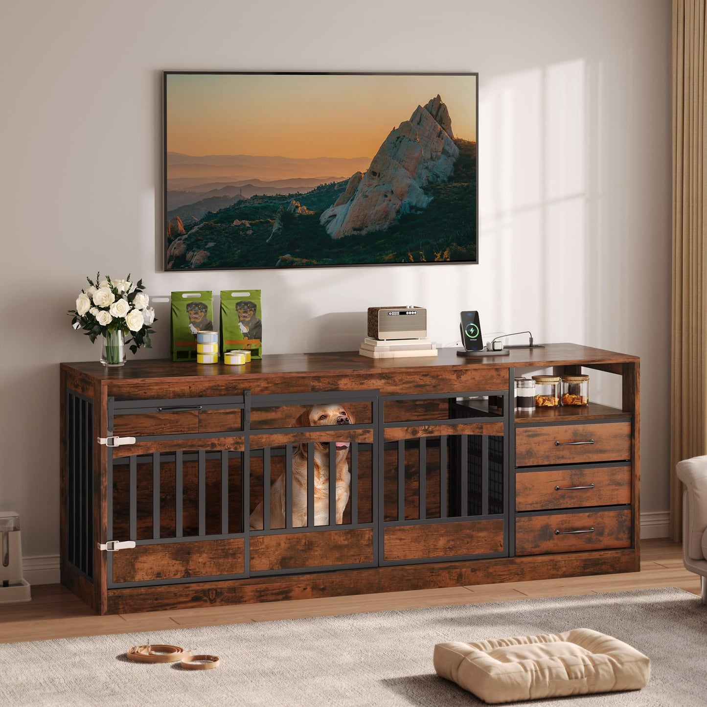 Double Dog Crate Furniture with Storage Drawers TV Stand Kennel
