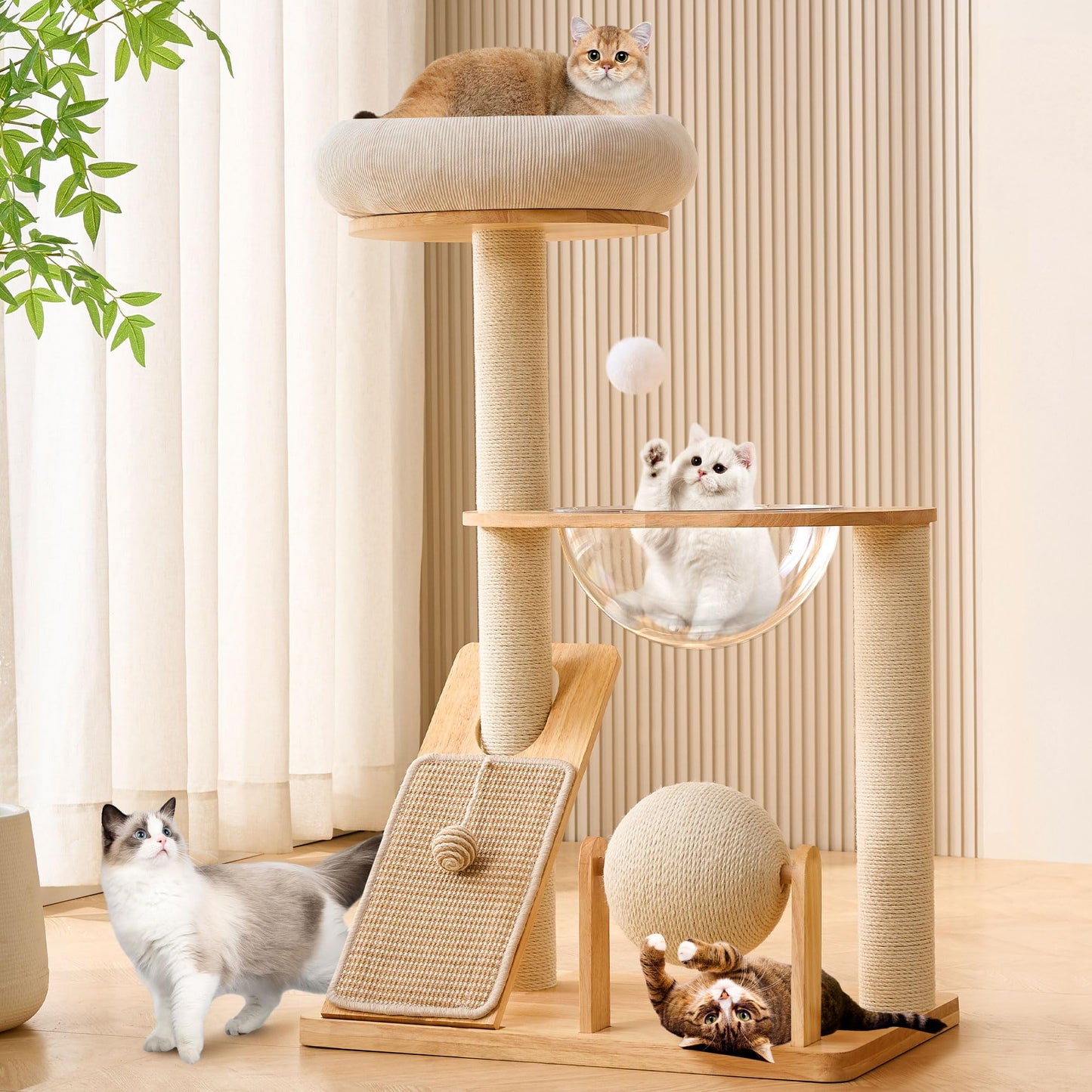 Solid Wood Cat Tree Tower Scratching Post Space Capsule Bed