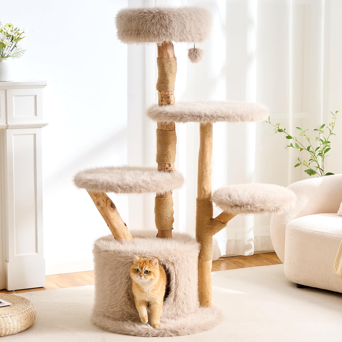 Solid Wood Cat Tree Tower 53 Inch Scratching Post Capsule Bed
