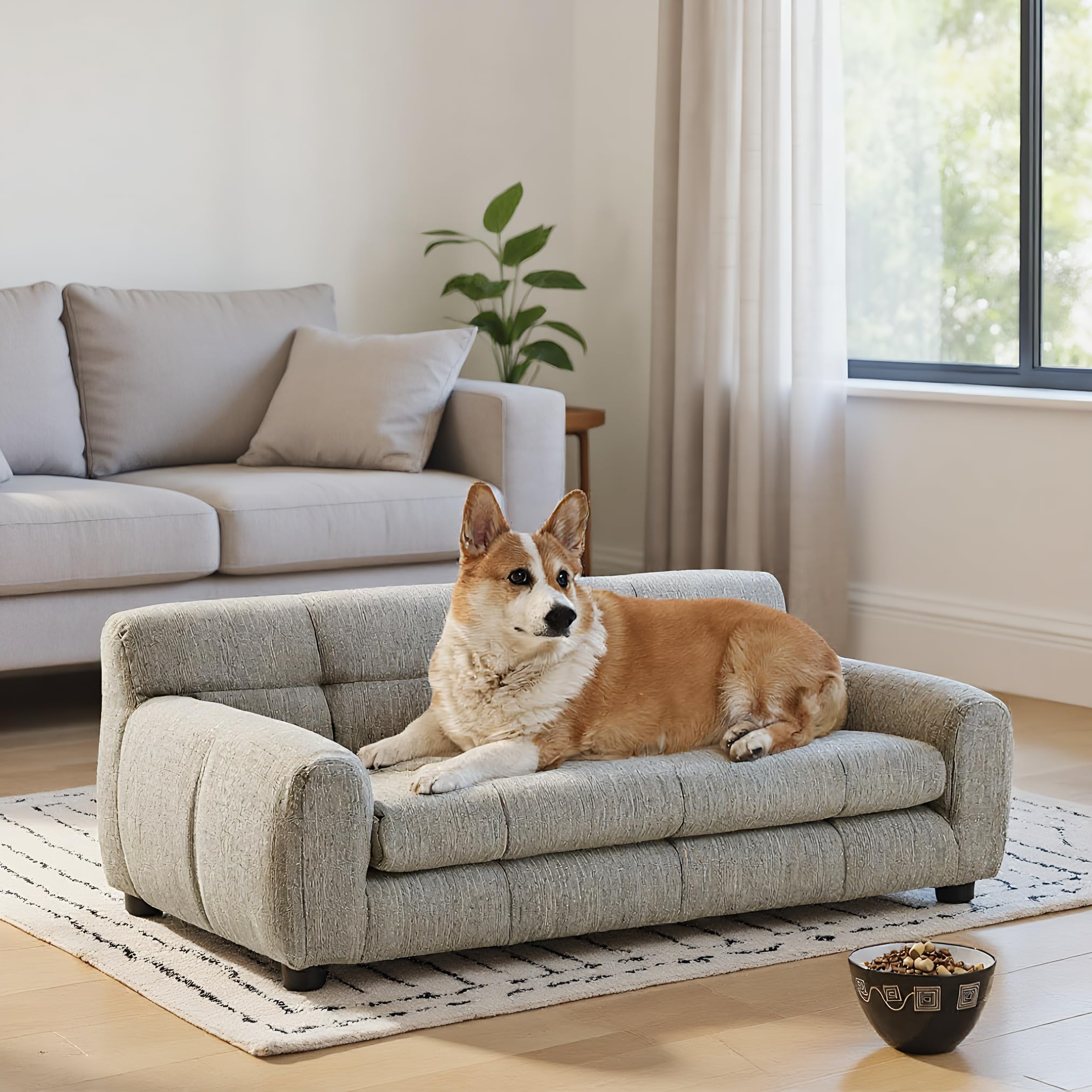 38" Large Dog Sofa Bed, Elevated Dog Bed with Backrest and Armrests, Soft Memory Foam Couches for Large and Medium-Sized Pets, Durable Linen Pet Couch Furniture, Beige