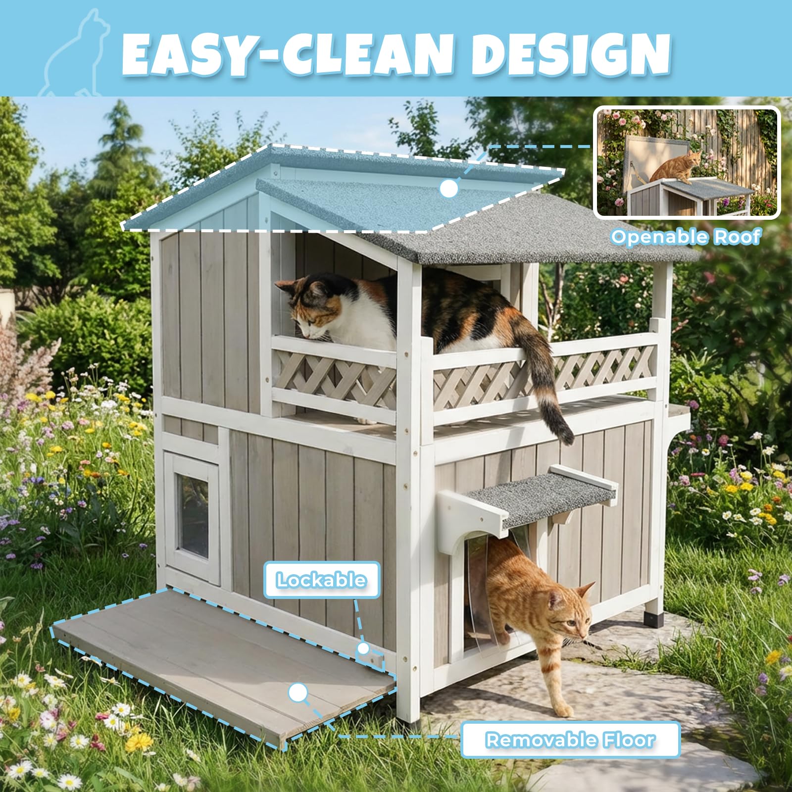 Pawbuilt Outdoor & Indoor Wooden Cat House, Weatherproof Two-Story Cat Shelter, Enclosed Multi-Level Cat Home for Cats