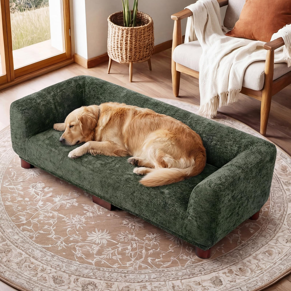 Oakvera Dog Couch Sofa for Large & Extra Large Dogs, Elevated Pet Bed with Legs, Button Tufted Chenille Dog Couch with Backrest and Armrests, Modern Indoor Dog Furniture