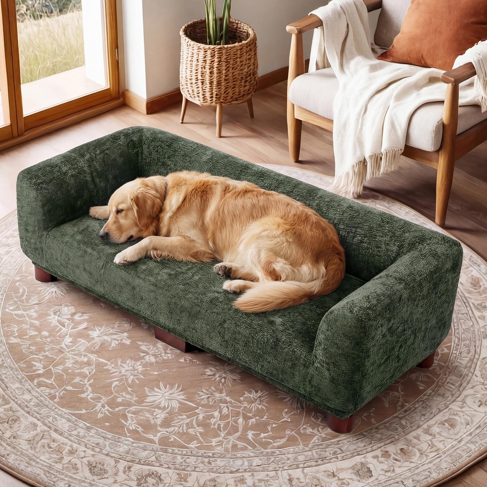 Oakvera Dog Couch Sofa for Large & Extra Large Dogs, Elevated Pet Bed with Legs, Button Tufted Chenille Dog Couch with Backrest and Armrests, Modern Indoor Dog Furniture