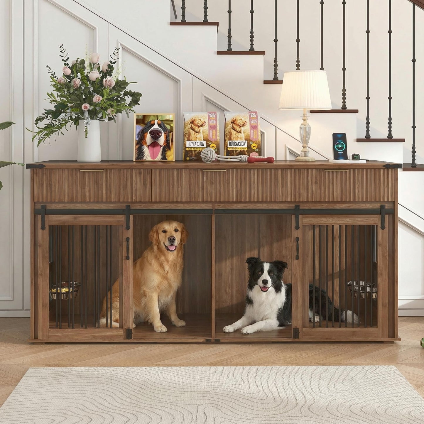 Double Dog Crate Furniture Cedar Wood Sliding Barn Door Walnut