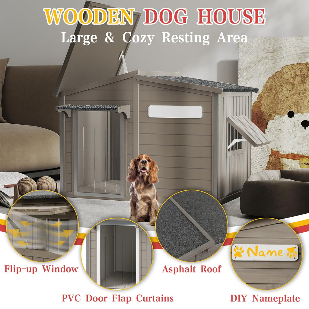 Ketive Outdoor Dog House with Removable Floor, Raised Feet, Anti-Chewing Iron Frame – Weatherproof Wooden Kennel with Roof, Movable Window for Indoor/Outdoor Use, Ideal for Dogs