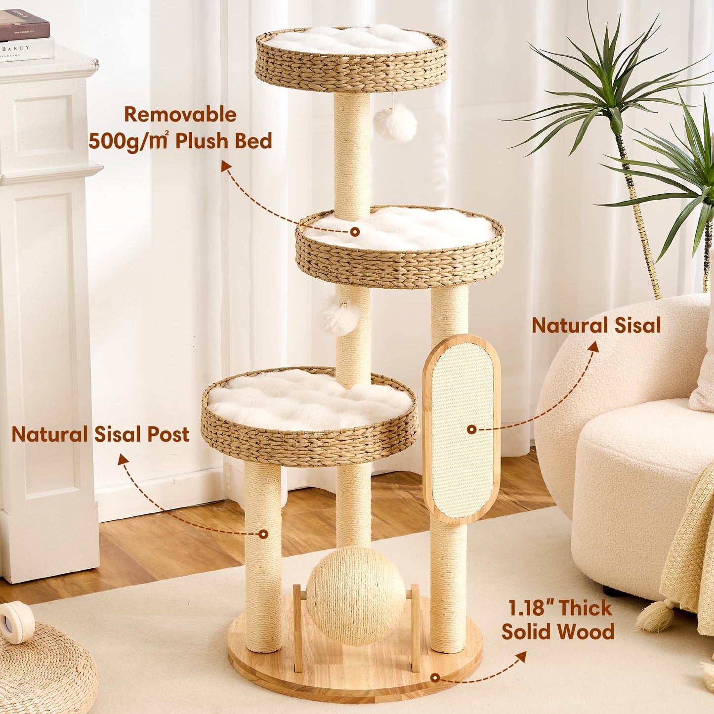 Solid Wood Cat Tree Tower 53 Inch Scratching Post Capsule Bed