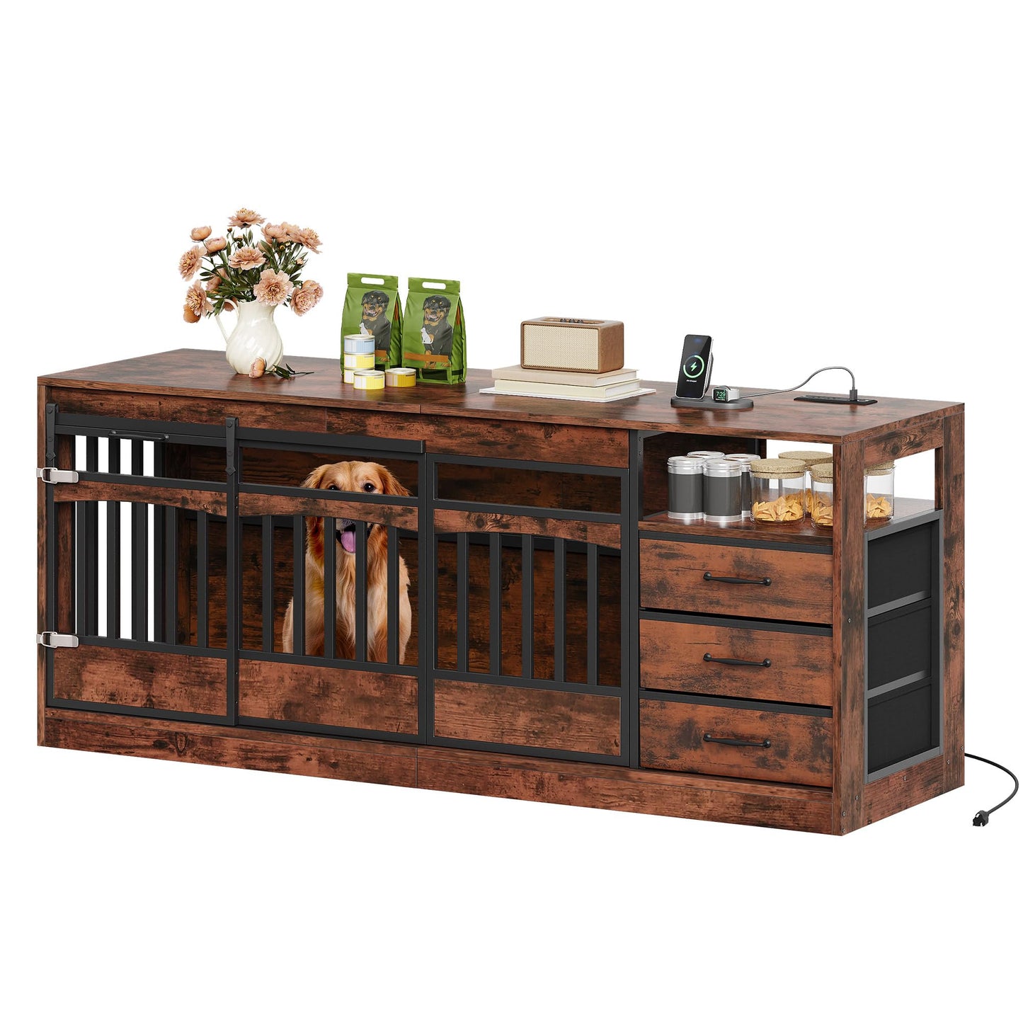 Double Dog Crate Furniture with Storage Drawers TV Stand Kennel