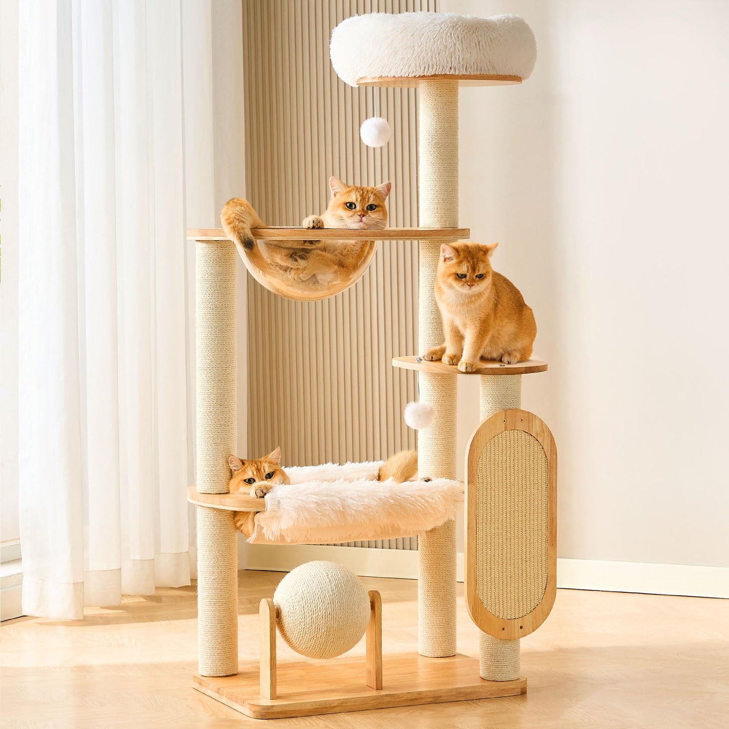 Solid Wood Cat Tree Tower 53 Inch Scratching Post Capsule Bed