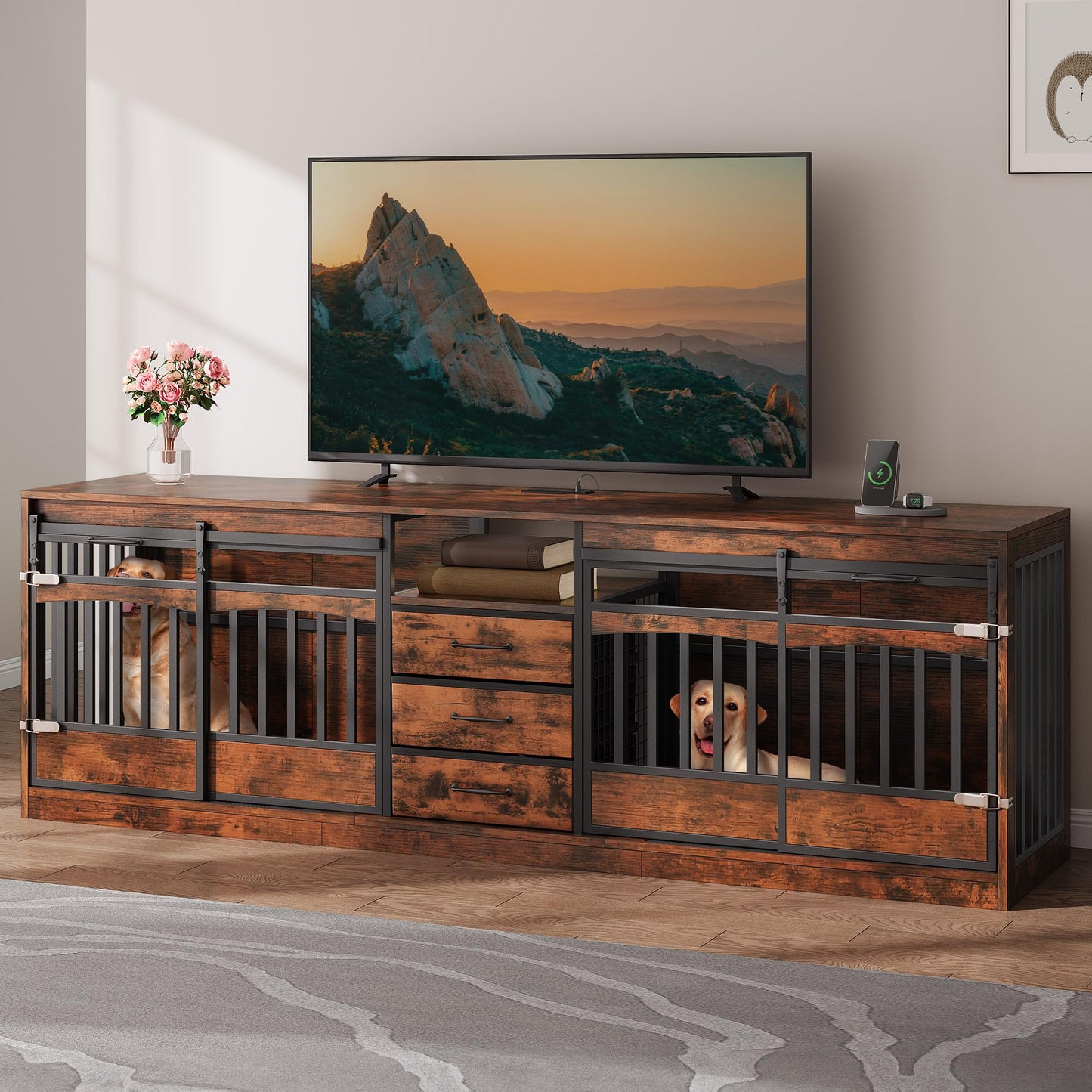 Double Dog Crate Furniture with Storage Drawers TV Stand Kennel