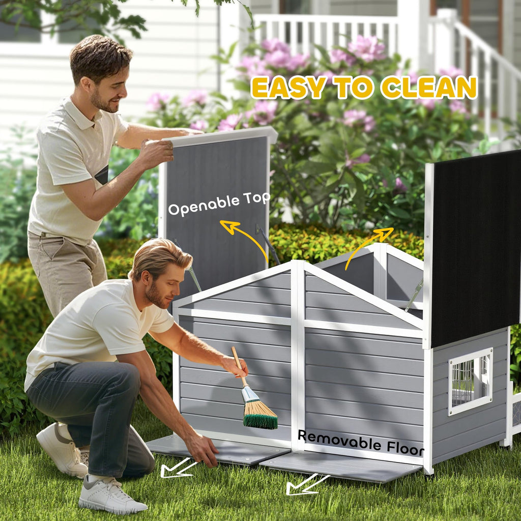 PawHut Dog House Outdoor, Wooden Dog Kennel Weatherproof with Porch, Openable Roof, Removable Bottom, Elevated Floor, Double Room for 2 Small to Medium Breeds