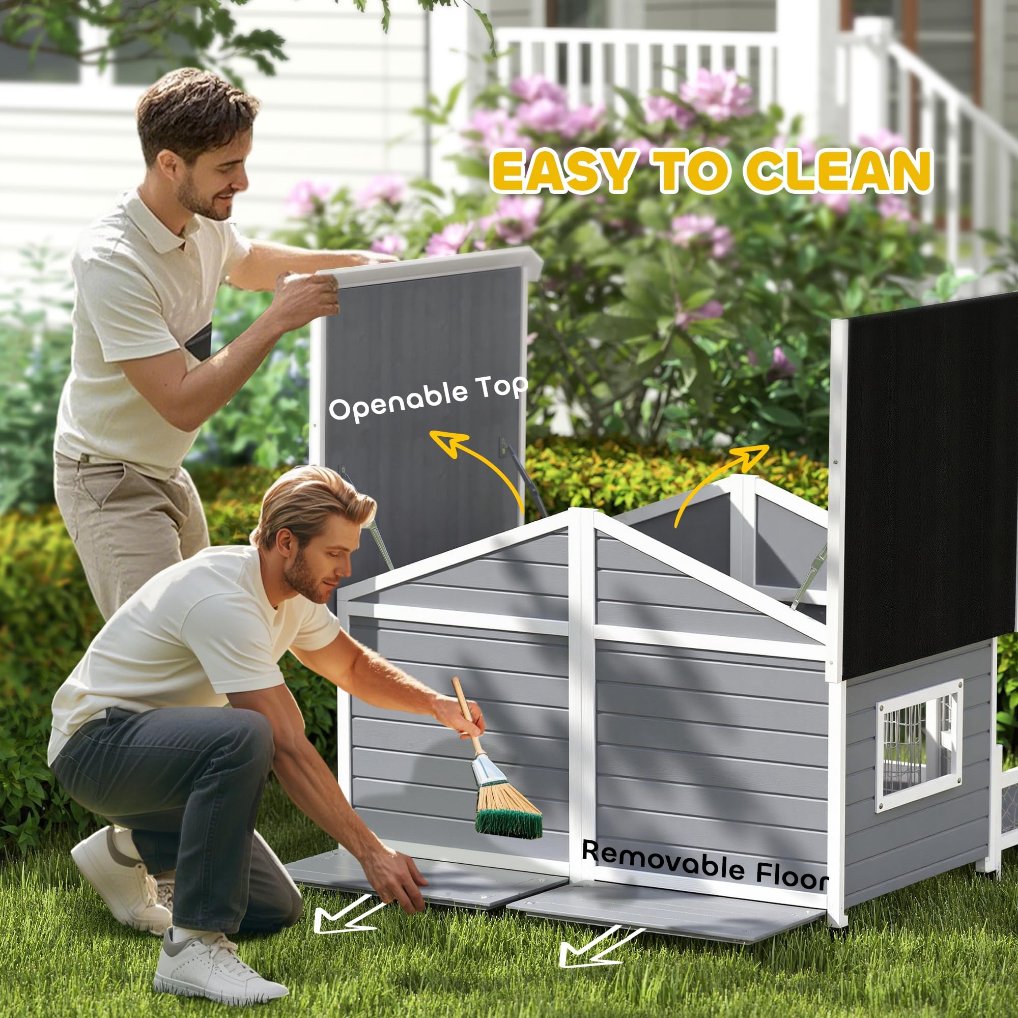 PawHut Dog House Outdoor, Wooden Dog Kennel Weatherproof with Porch, Openable Roof, Removable Bottom, Elevated Floor, Double Room for 2 Small to Medium Breeds