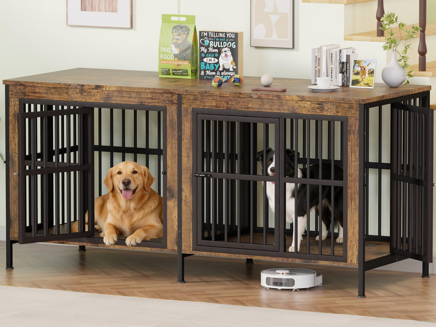 Double Dog Crate Furniture Large Wooden Kennel TV Stand Storage