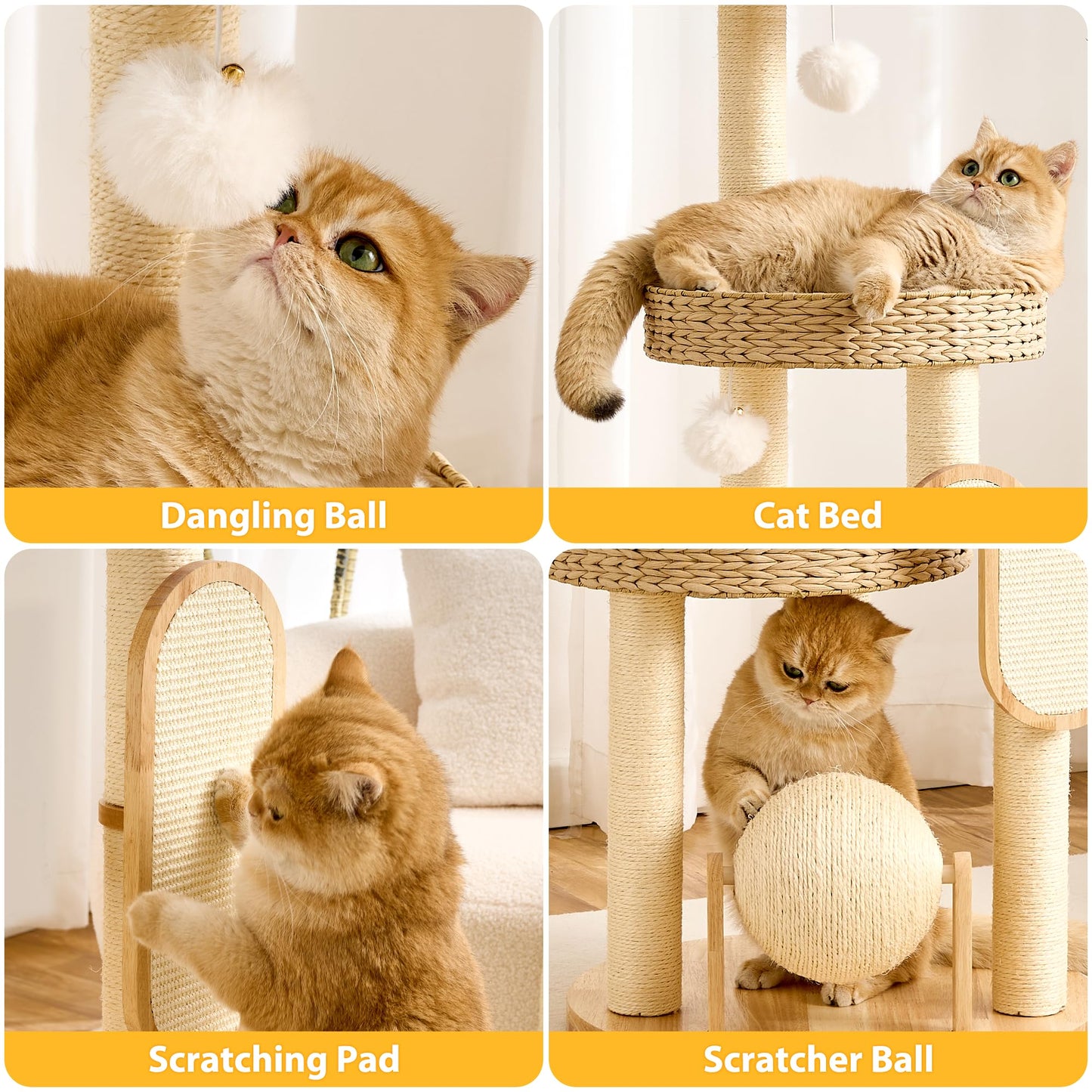 Solid Wood Cat Tree Tower 53 Inch Scratching Post Capsule Bed