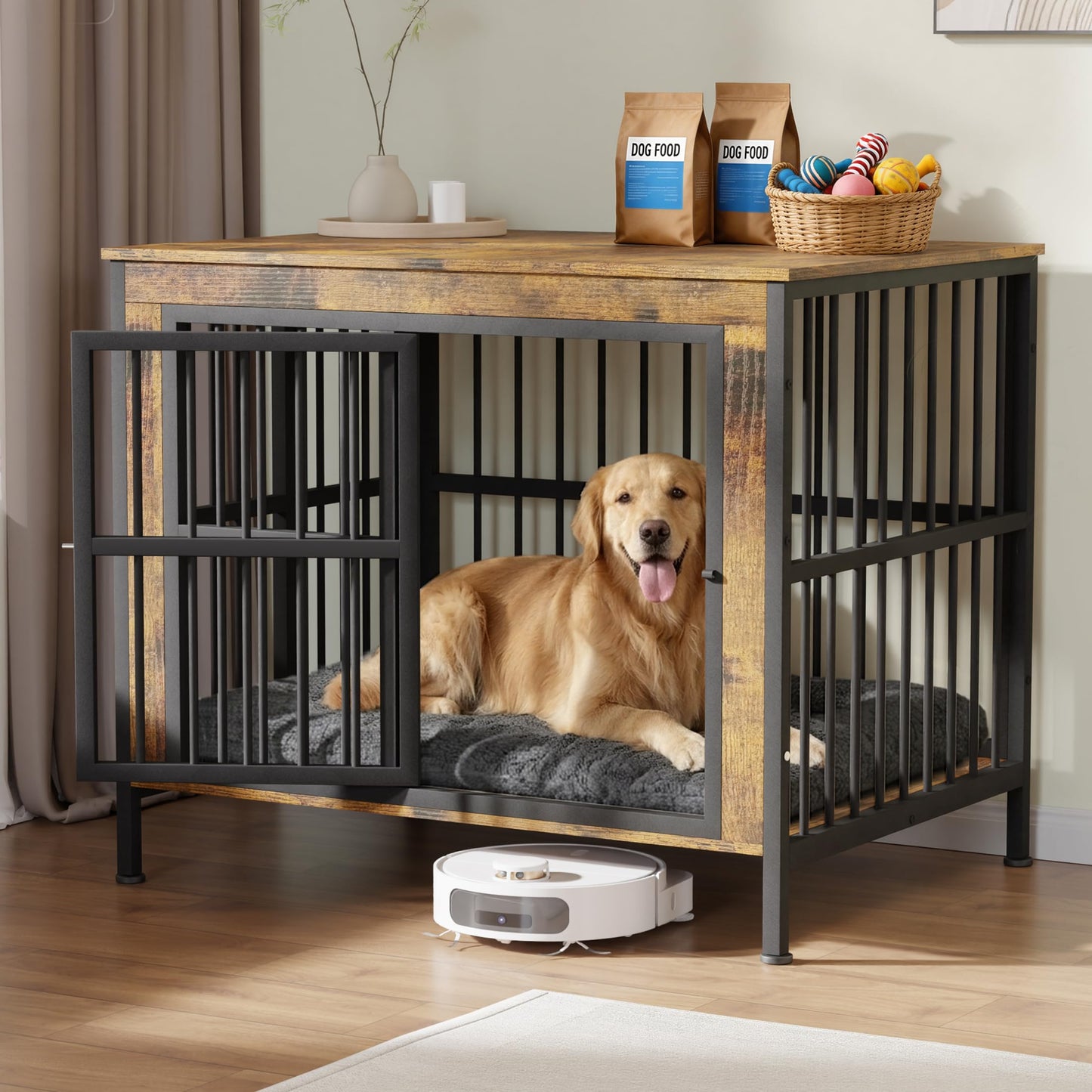 Double Dog Crate Furniture Large Wooden Kennel TV Stand Storage