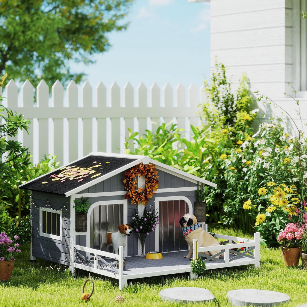 PawHut Dog House Outdoor, Wooden Dog Kennel Weatherproof with Porch, Openable Roof, Removable Bottom, Elevated Floor, Double Room for 2 Small to Medium Breeds