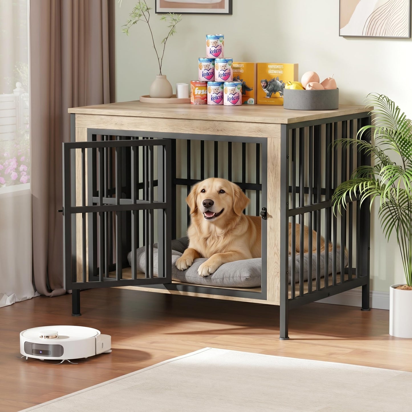 Double Dog Crate Furniture Large Wooden Kennel TV Stand Storage