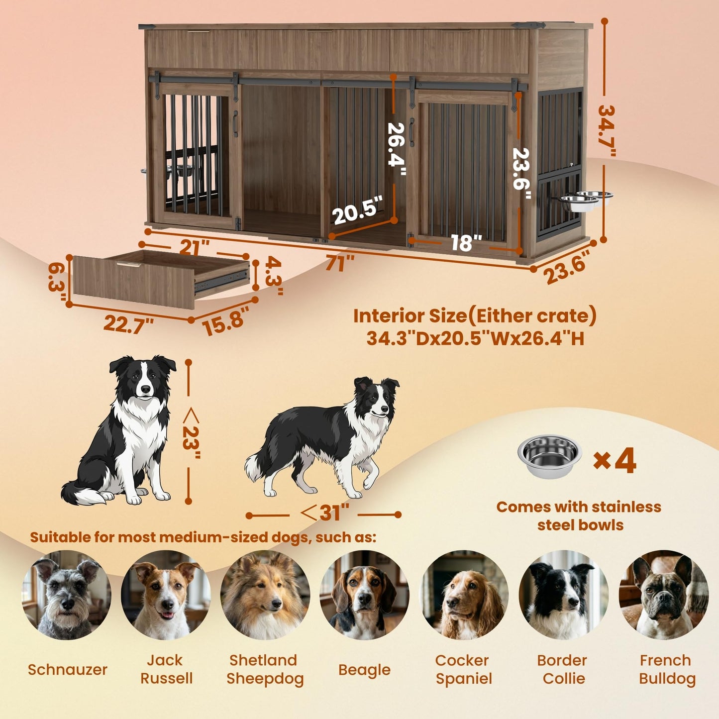 Double Dog Crate Furniture Cedar Wood Sliding Barn Door Walnut