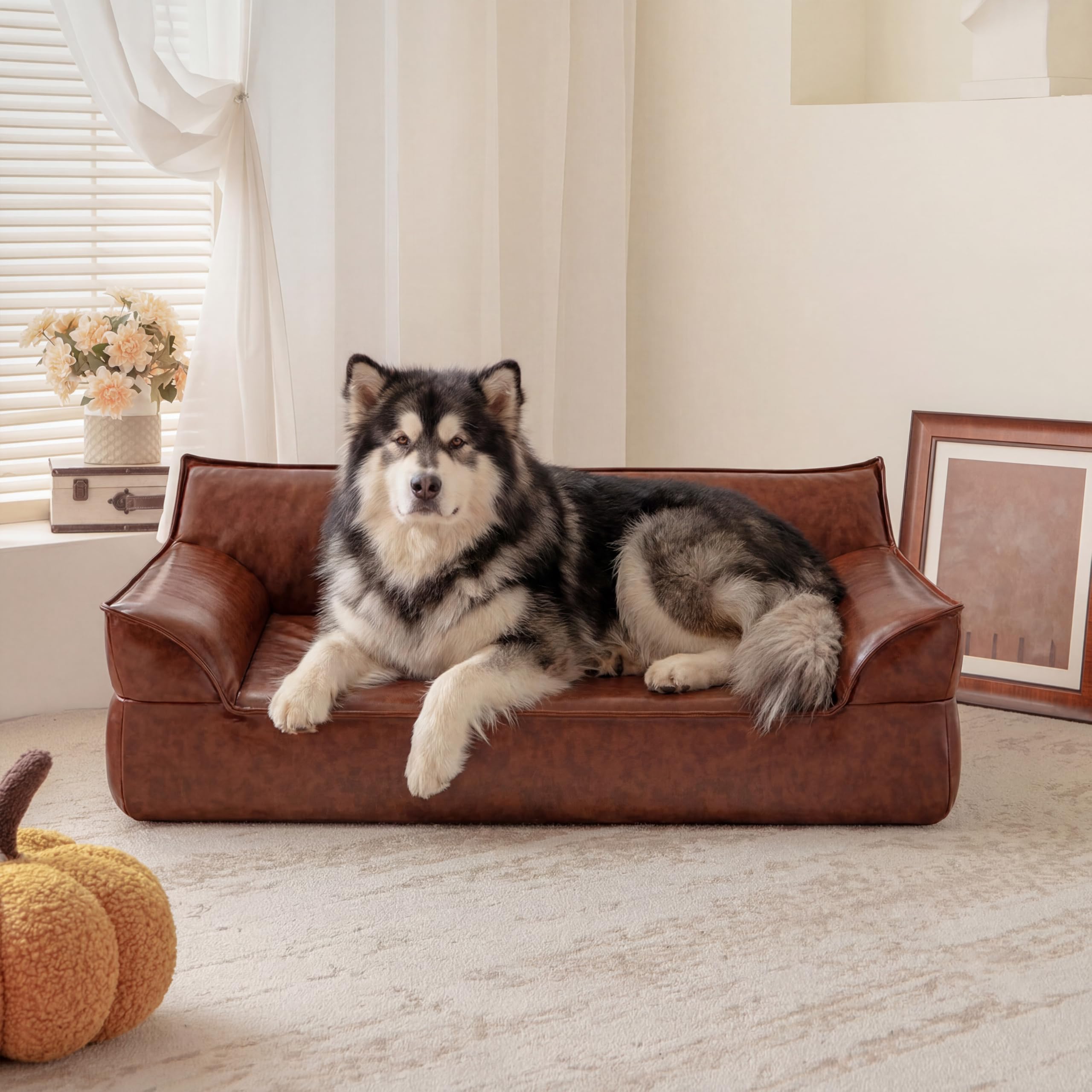 ATJafurn Leather Dog Couch Bed for Small Medium and Large Dogs, Brown Mid Century Modern Elevated Cat Sofa Bed Luxurious Indoor Furniture Style Pet Supplies for Puppy