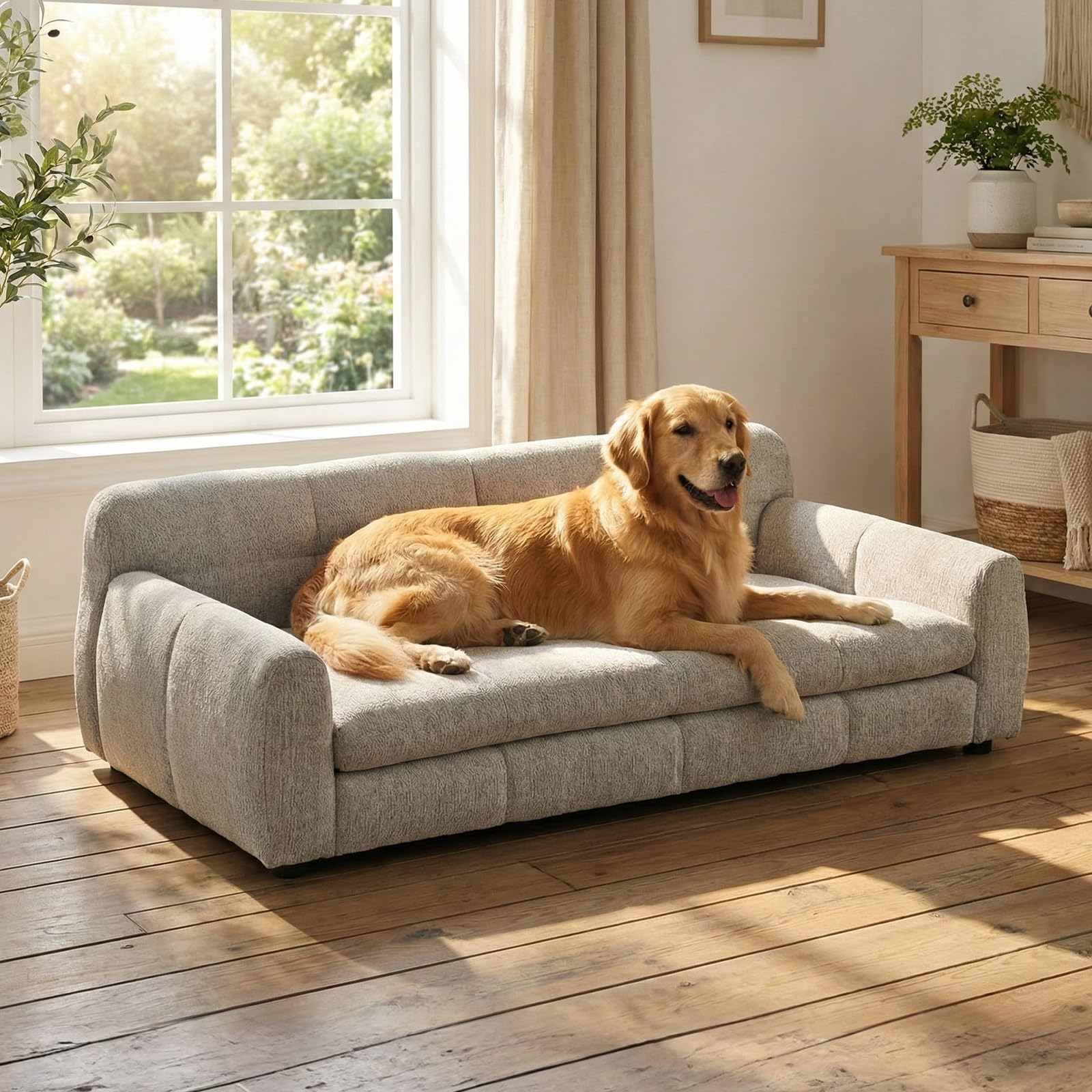 38" Large Dog Sofa Bed, Elevated Dog Bed with Backrest and Armrests, Soft Memory Foam Couches for Large and Medium-Sized Pets, Durable Linen Pet Couch Furniture, Beige