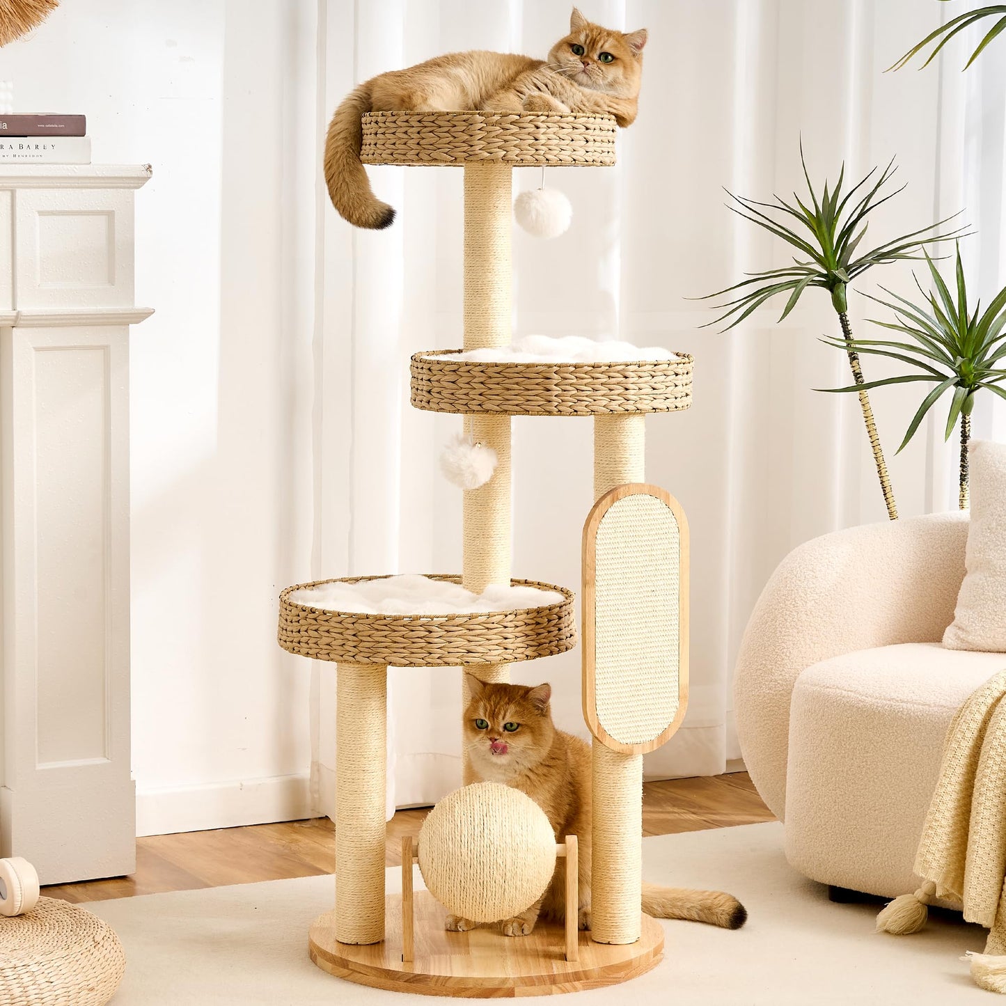 Solid Wood Cat Tree Tower 53 Inch Scratching Post Capsule Bed