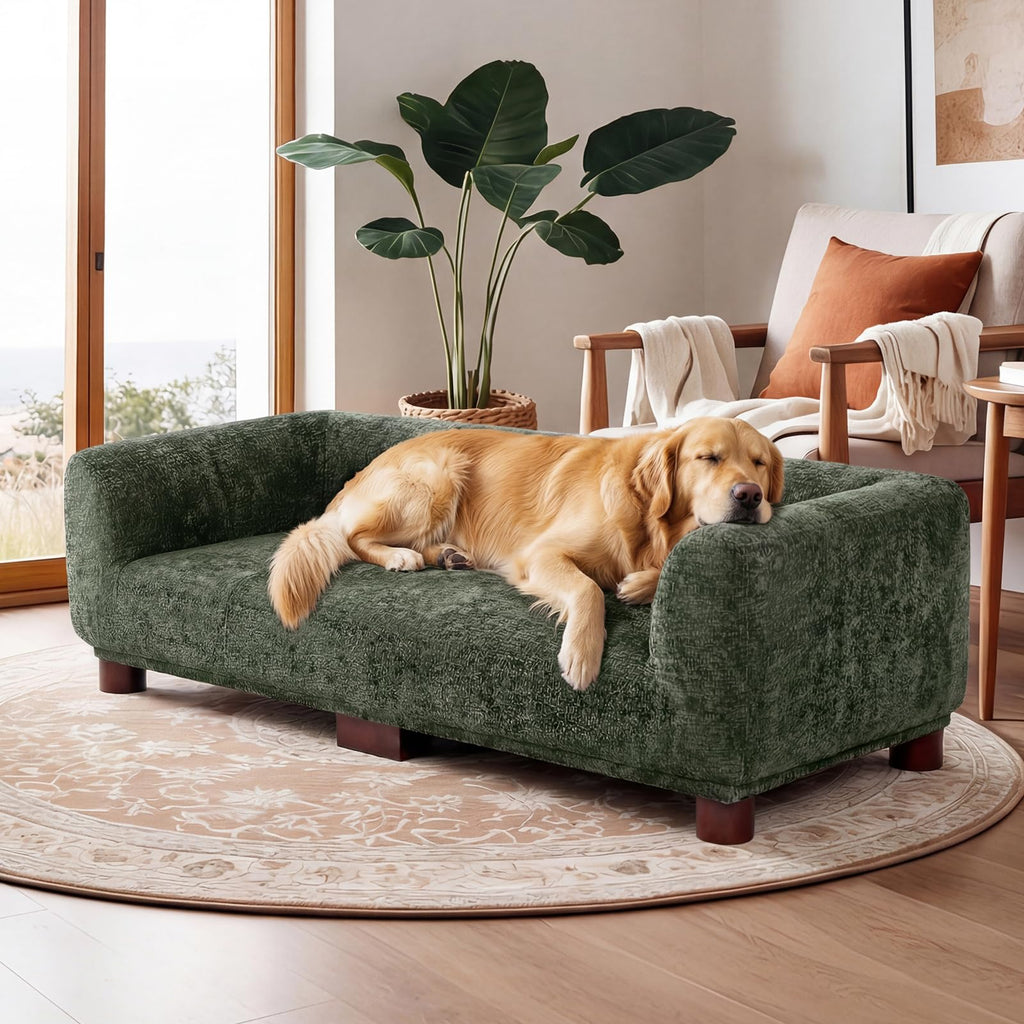 Oakvera Dog Couch Sofa for Large & Extra Large Dogs, Elevated Pet Bed with Legs, Button Tufted Chenille Dog Couch with Backrest and Armrests, Modern Indoor Dog Furniture