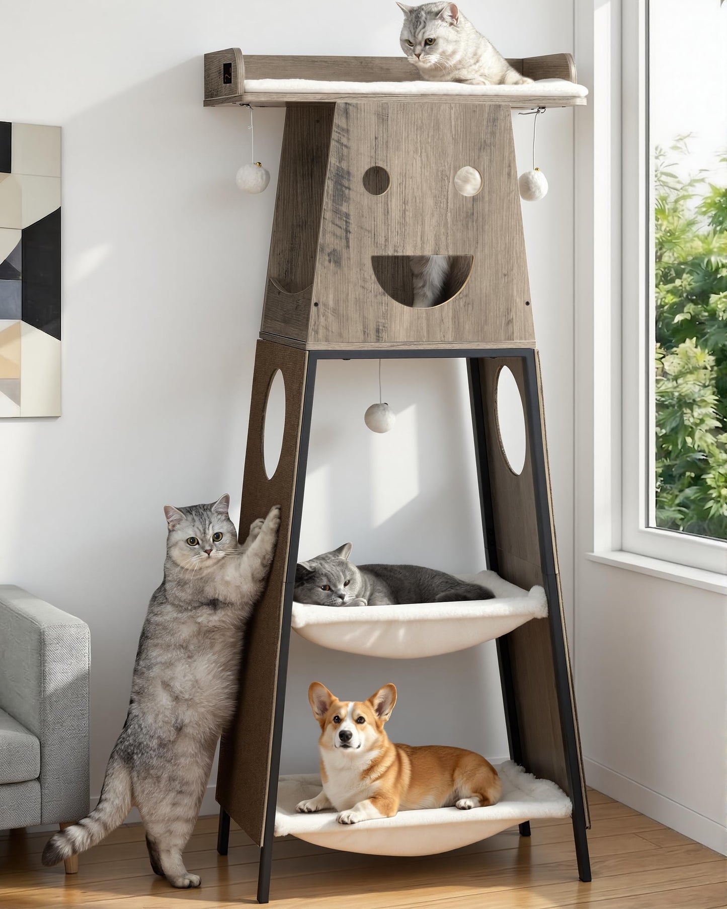 Modern Wood Cat Tree Tall Multi Level Cat Tower Perch Bed