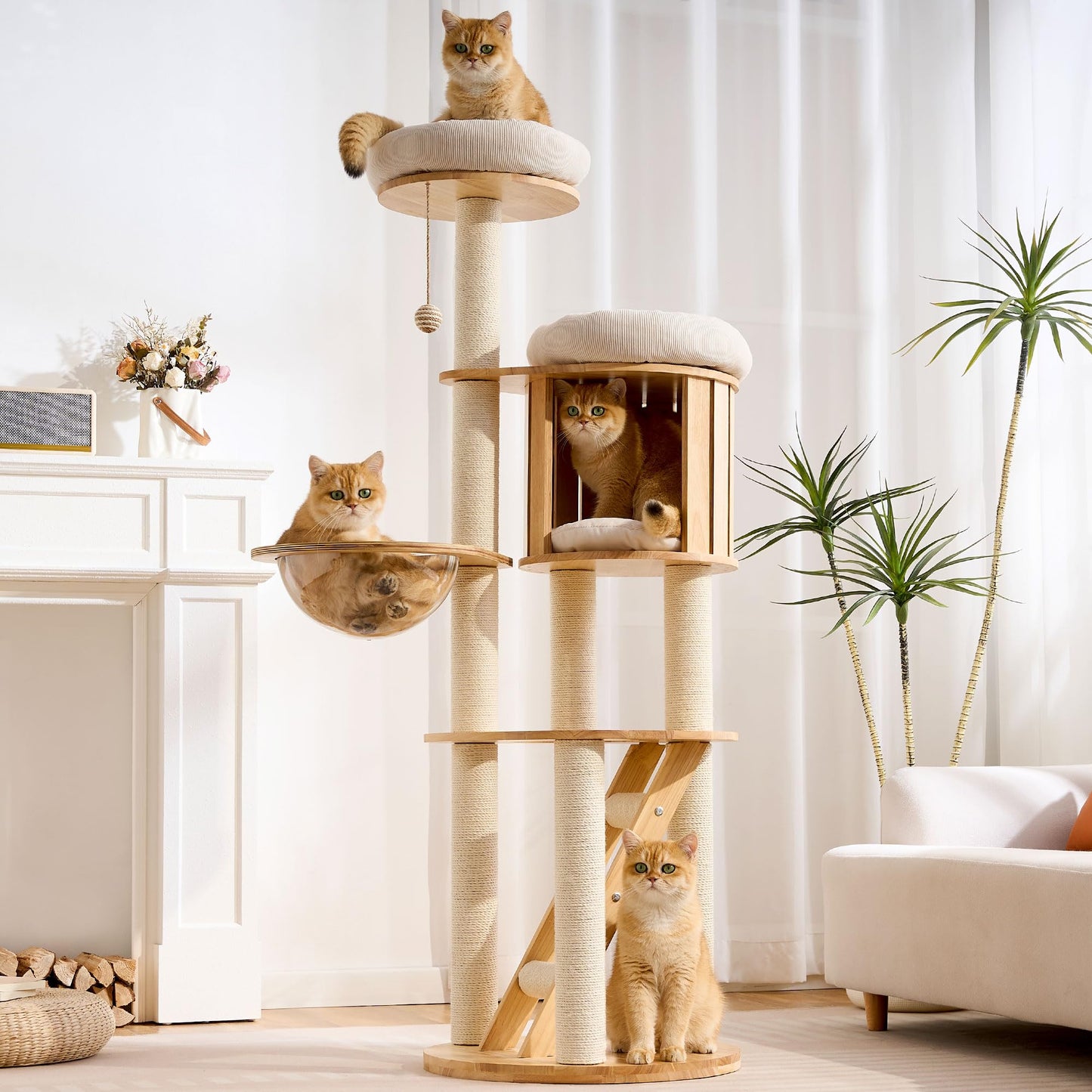 Solid Wood Cat Tree Tower 53 Inch Scratching Post Capsule Bed