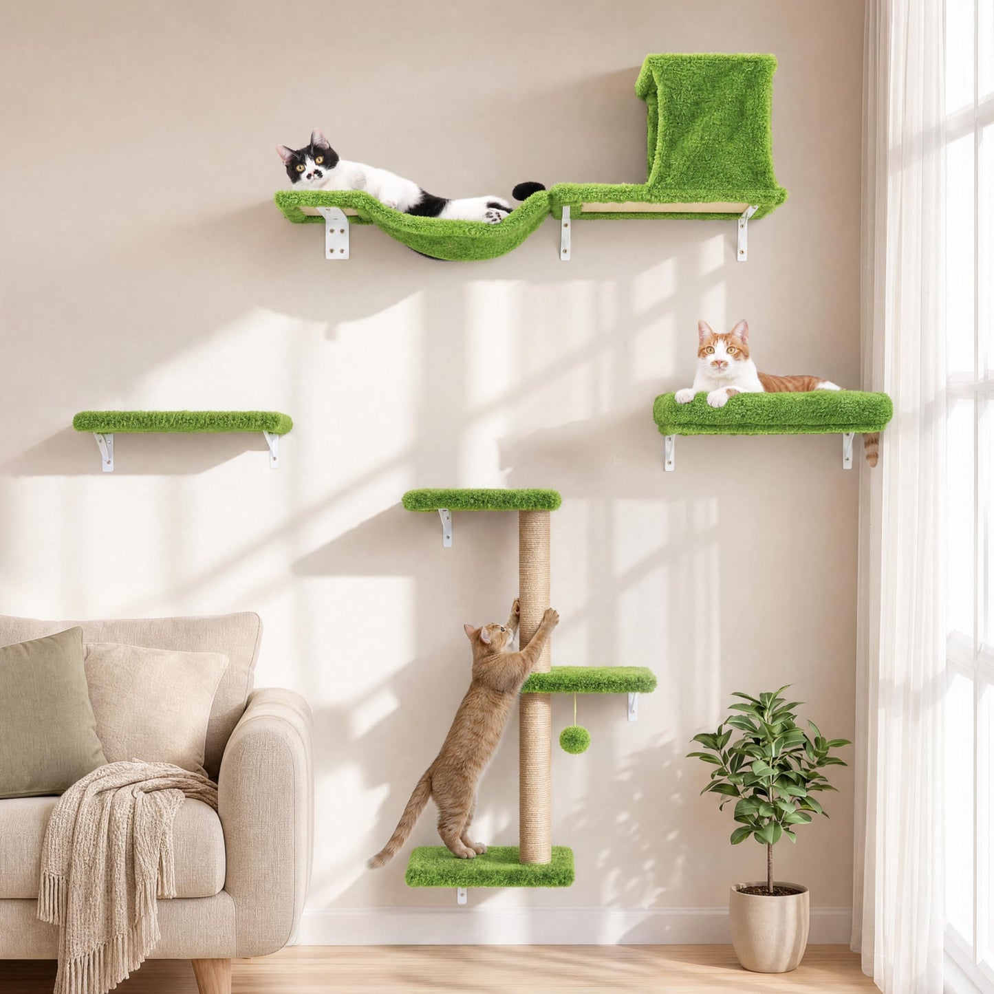 Wall Mounted Cat Shelves Climbing Set Scratcher Wood