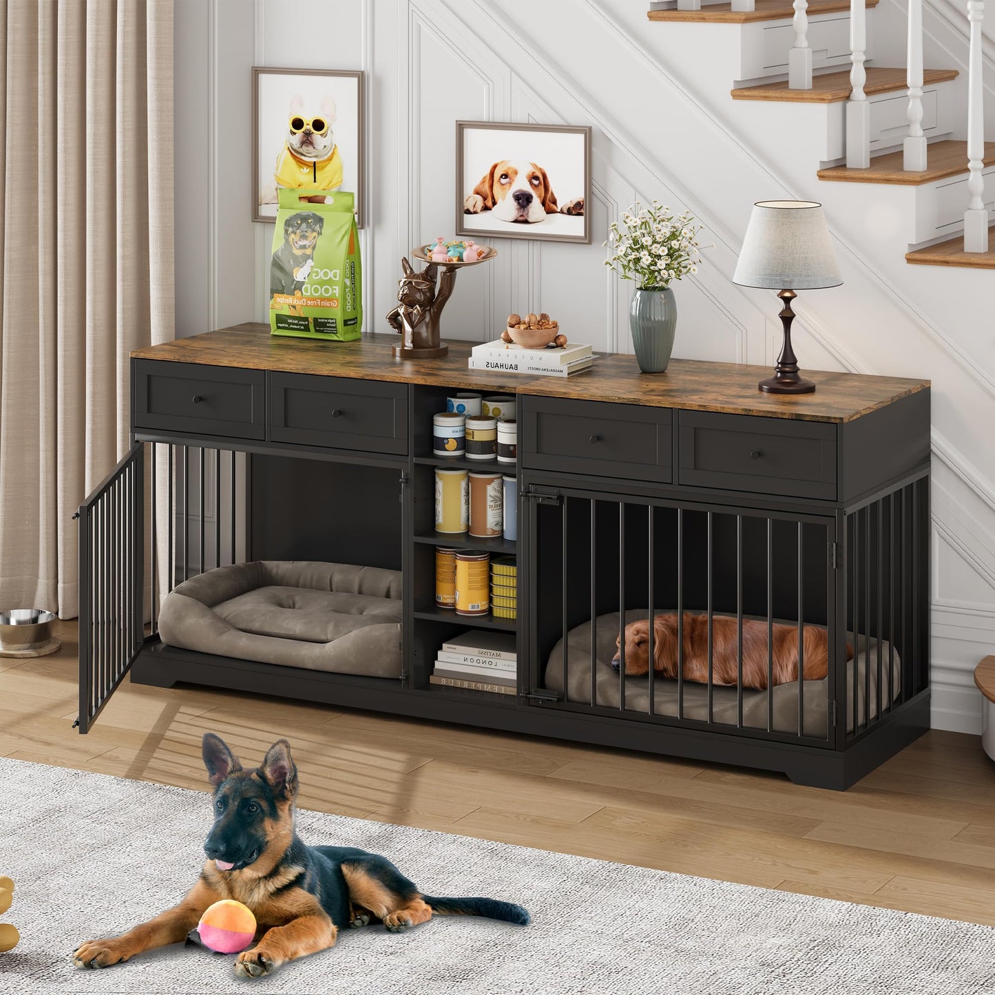 Dog Crate Indoor Kennel with Storage Drawers Shelves