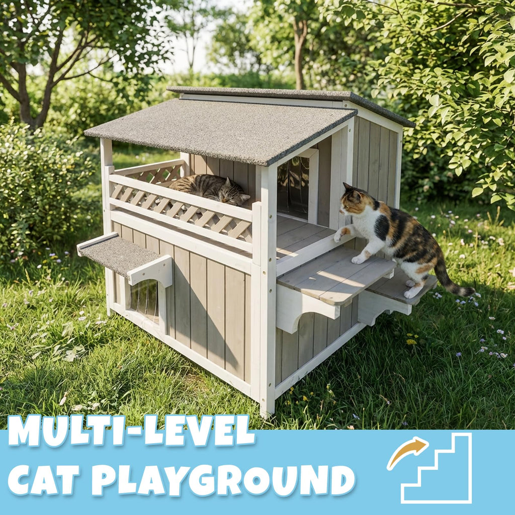 Pawbuilt Outdoor & Indoor Wooden Cat House, Weatherproof Two-Story Cat Shelter, Enclosed Multi-Level Cat Home for Cats