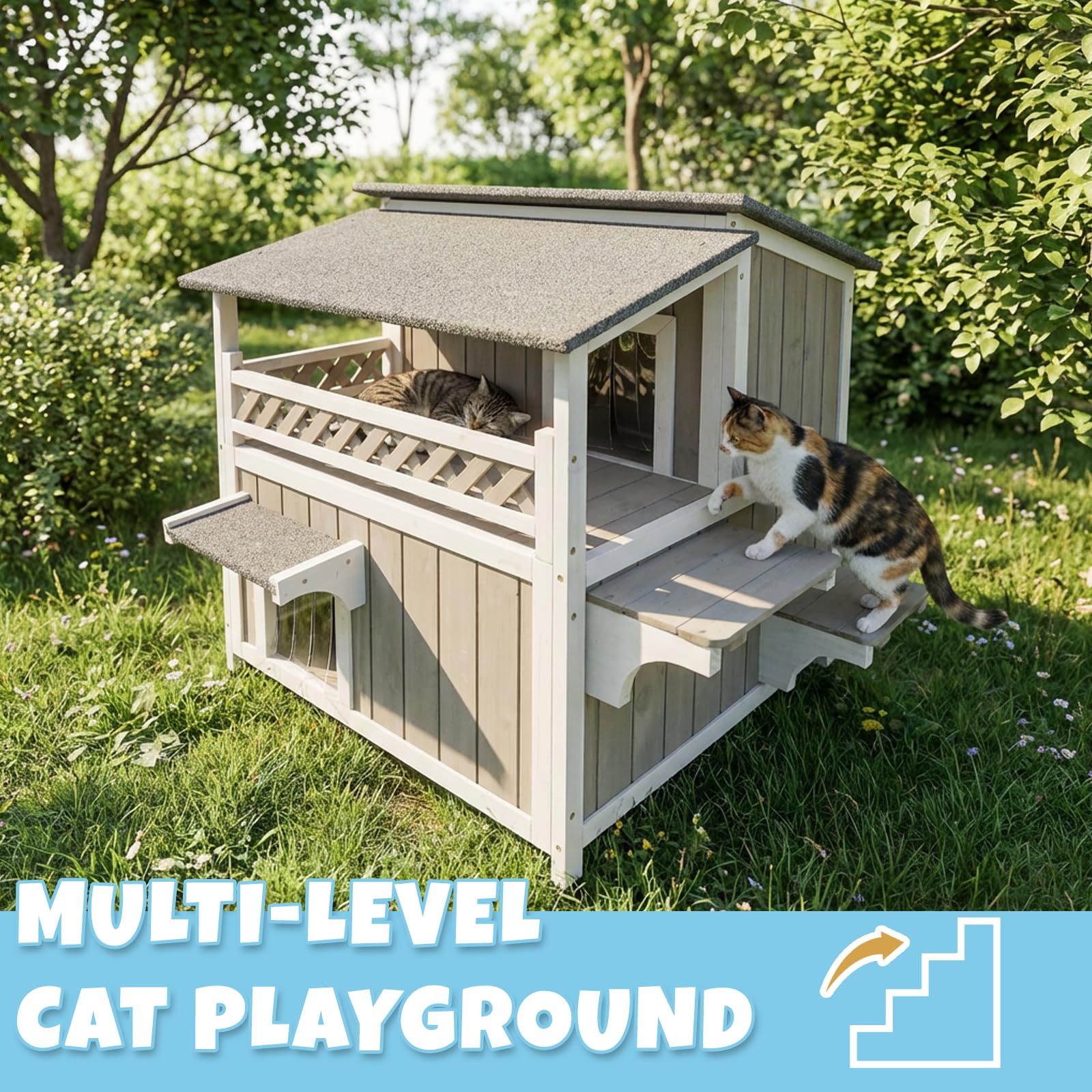 Pawbuilt Outdoor & Indoor Wooden Cat House, Weatherproof Two-Story Cat Shelter, Enclosed Multi-Level Cat Home for Cats