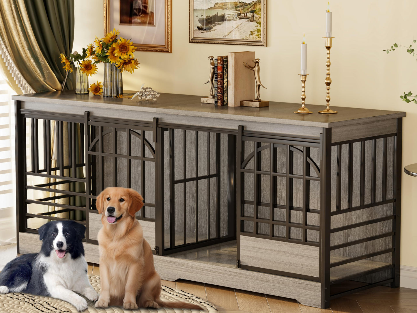 Double Dog Crate Furniture XL Indoor Kennel Divider TV Stand