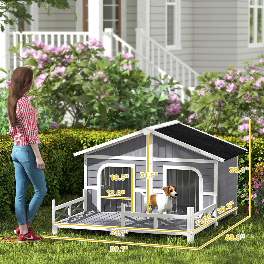 PawHut Dog House Outdoor, Wooden Dog Kennel Weatherproof with Porch, Openable Roof, Removable Bottom, Elevated Floor, Double Room for 2 Small to Medium Breeds