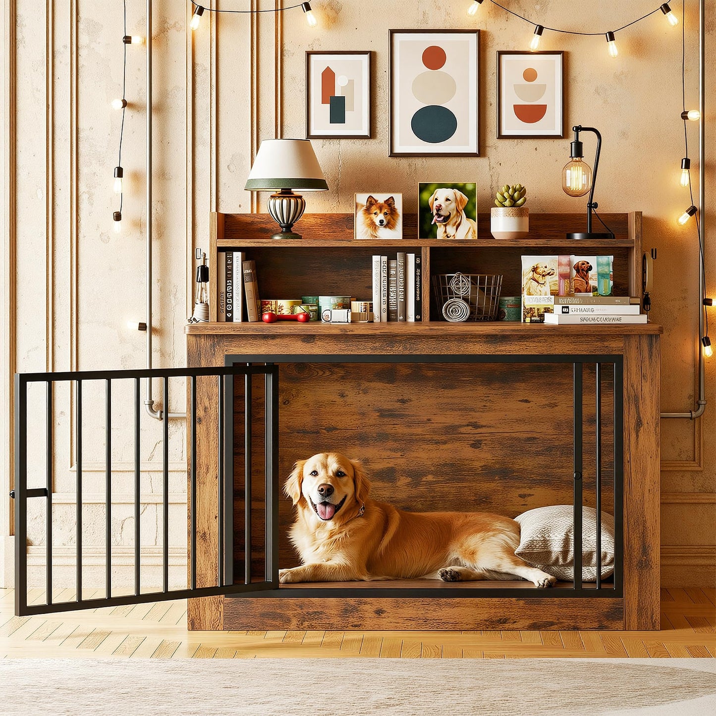 Large Dog Crate Furniture Wooden Storage Hooks Indoor Kennel