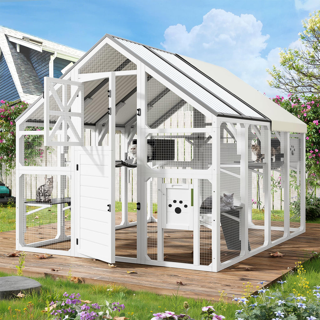 Merax 94.5 Inch Extra Large Catio Outdoor Cat Enclosure, Walk-in Outdoor Pet House for Multiple Cats, Patio Catio Cat Run Cage with Bridges, Weatherproof Roof, 8 Platforms & 2 Resting Box, White