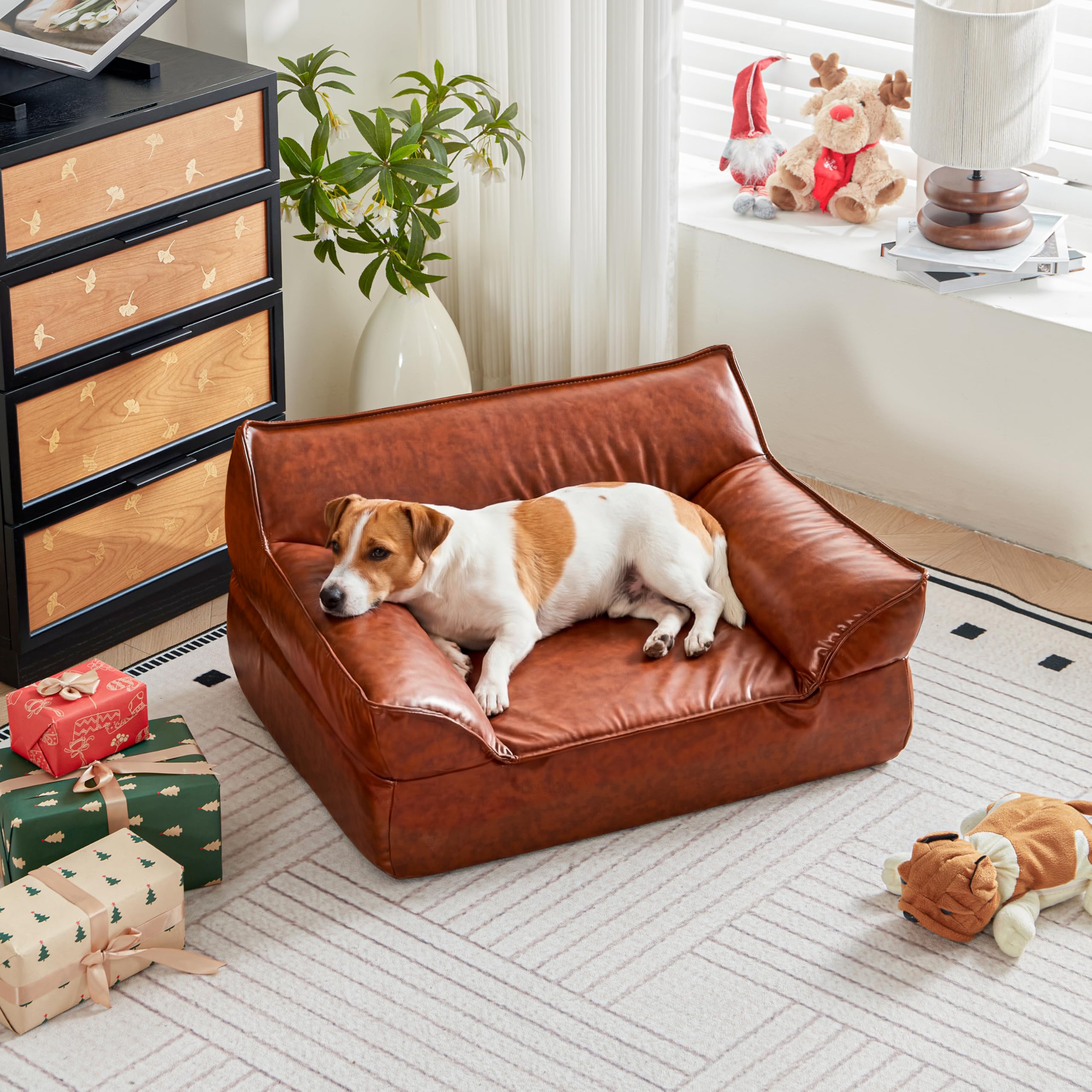 ATJafurn Leather Dog Couch Bed for Small Medium and Large Dogs, Brown Mid Century Modern Elevated Cat Sofa Bed Luxurious Indoor Furniture Style Pet Supplies for Puppy