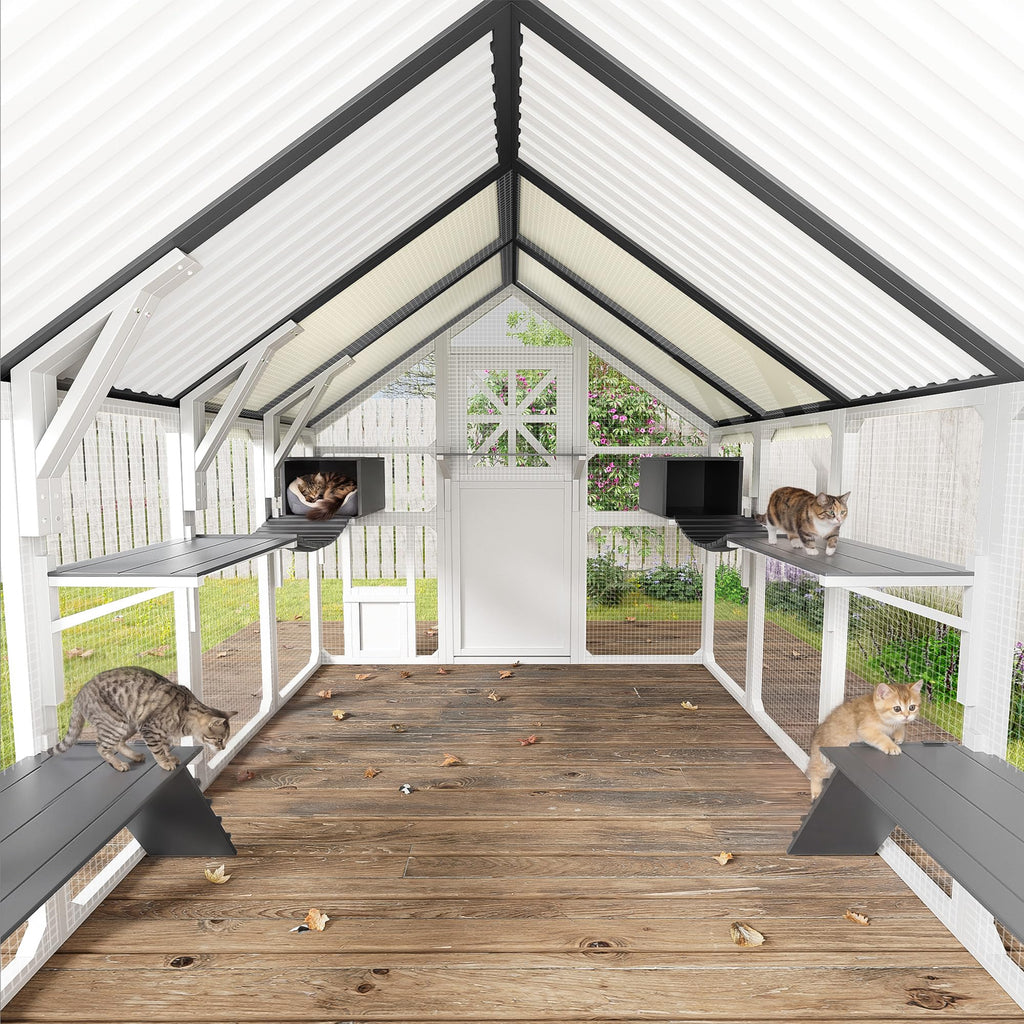 Merax 94.5 Inch Extra Large Catio Outdoor Cat Enclosure, Walk-in Outdoor Pet House for Multiple Cats, Patio Catio Cat Run Cage with Bridges, Weatherproof Roof, 8 Platforms & 2 Resting Box, White