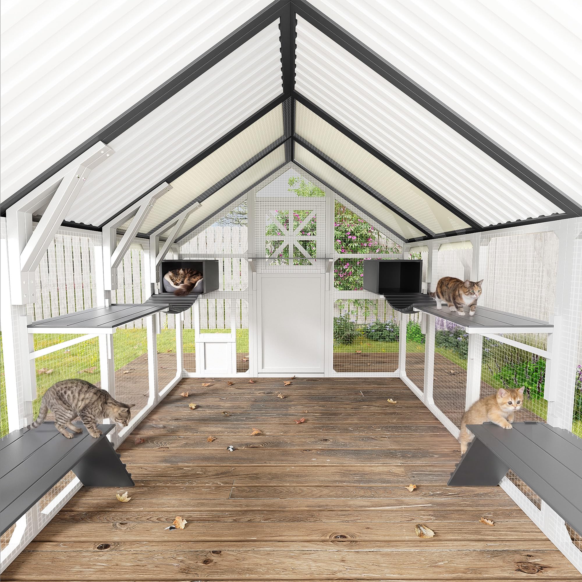 Merax 94.5 Inch Extra Large Catio Outdoor Cat Enclosure, Walk-in Outdoor Pet House for Multiple Cats, Patio Catio Cat Run Cage with Bridges, Weatherproof Roof, 8 Platforms & 2 Resting Box, White