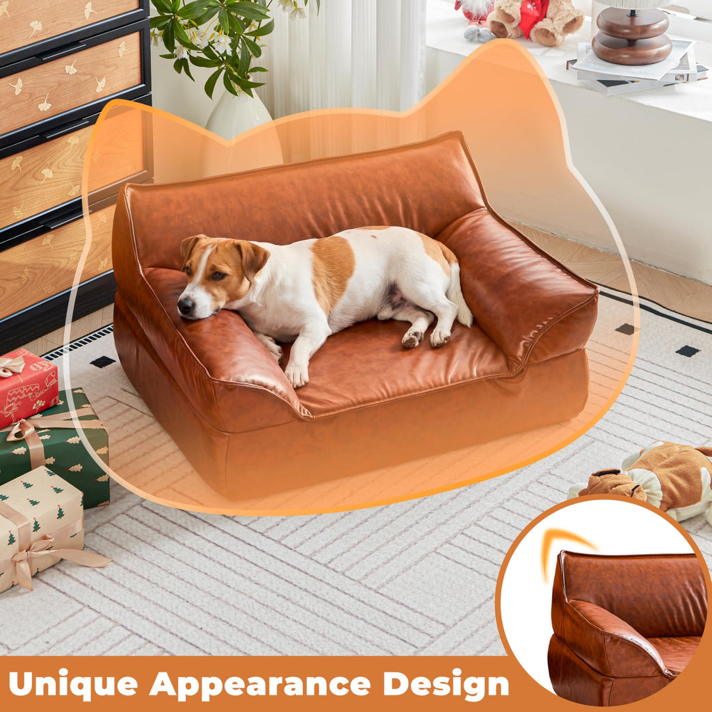 ATJafurn Leather Dog Couch Bed for Small Medium and Large Dogs, Brown Mid Century Modern Elevated Cat Sofa Bed Luxurious Indoor Furniture Style Pet Supplies for Puppy