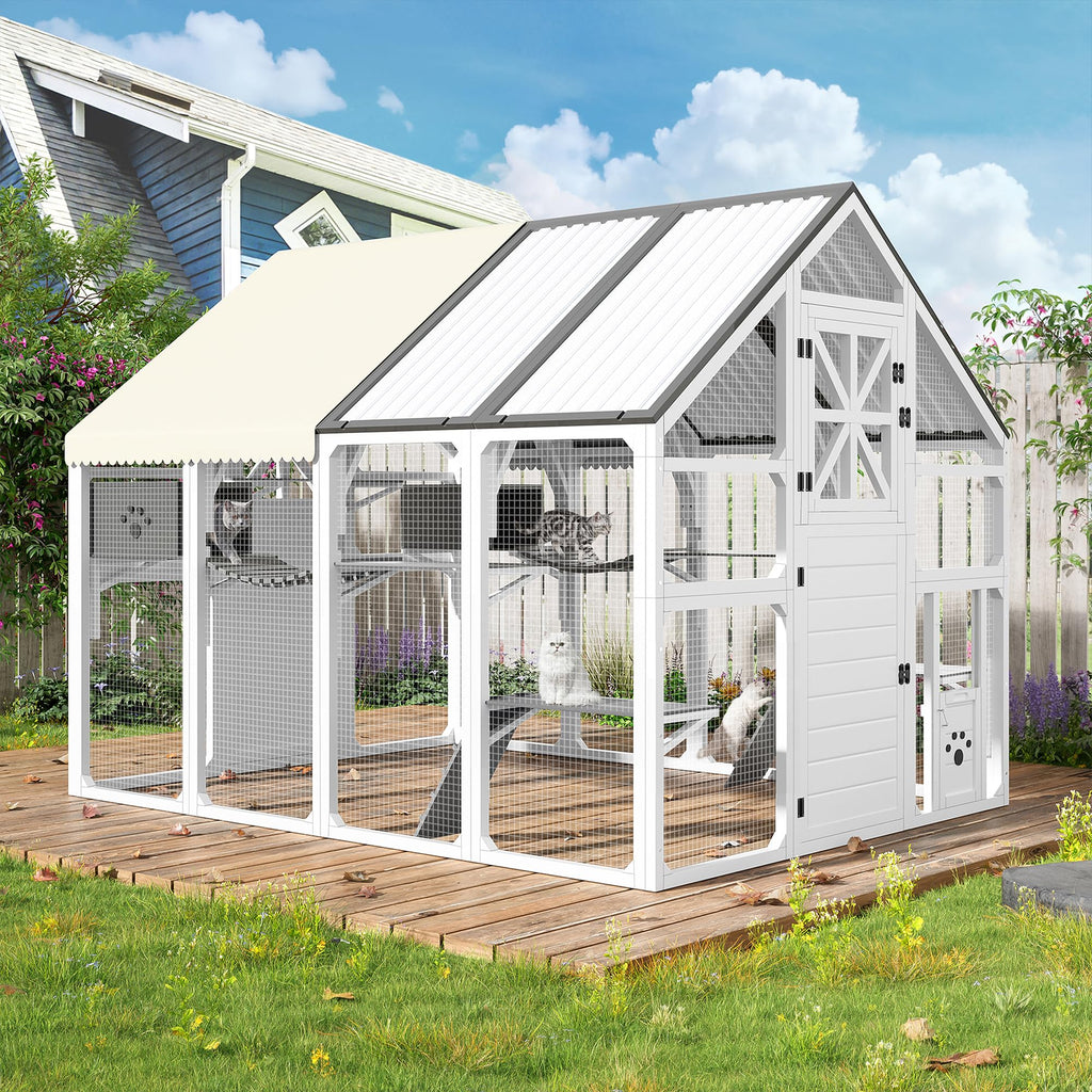 Merax 94.5 Inch Extra Large Catio Outdoor Cat Enclosure, Walk-in Outdoor Pet House for Multiple Cats, Patio Catio Cat Run Cage with Bridges, Weatherproof Roof, 8 Platforms & 2 Resting Box, White