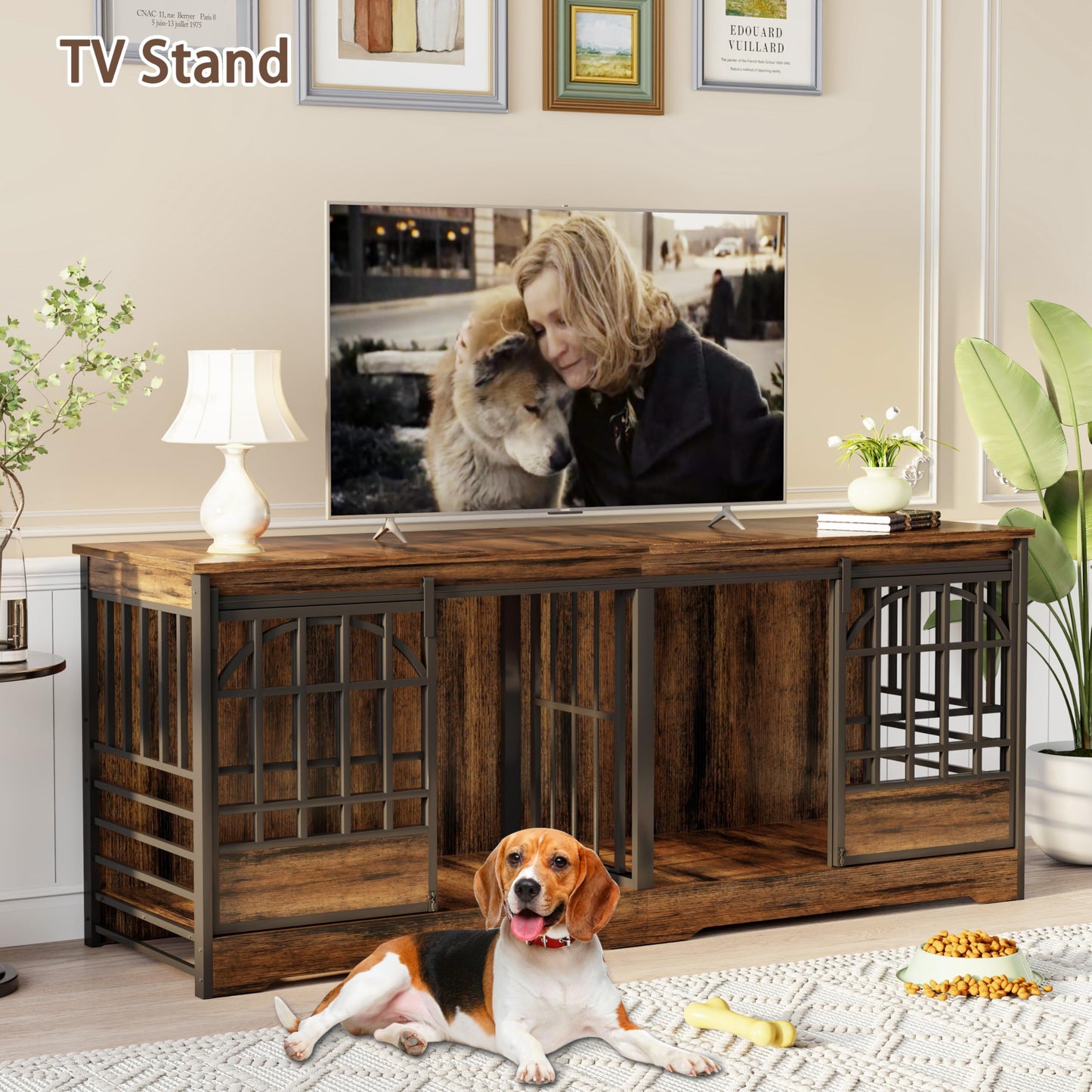 Double Dog Crate Furniture XL Indoor Kennel Divider TV Stand