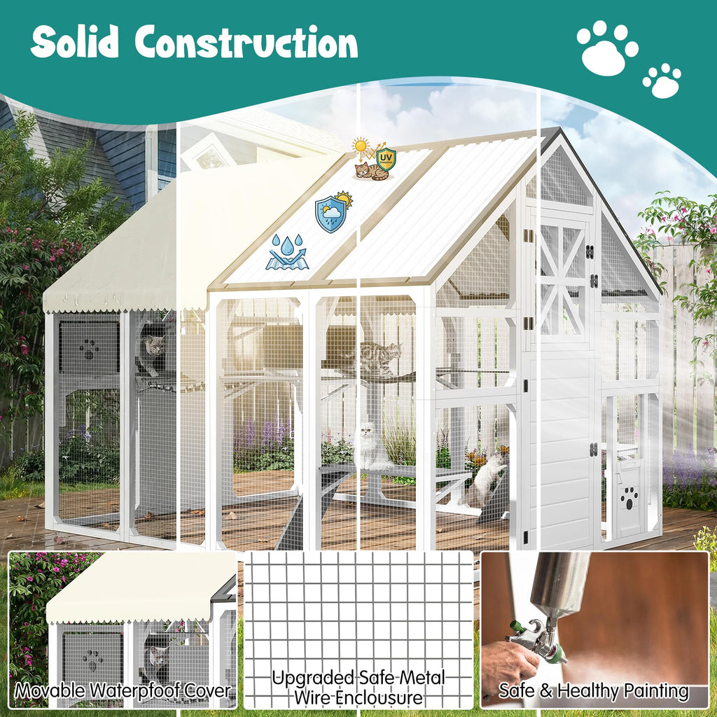 Merax 94.5 Inch Extra Large Catio Outdoor Cat Enclosure, Walk-in Outdoor Pet House for Multiple Cats, Patio Catio Cat Run Cage with Bridges, Weatherproof Roof, 8 Platforms & 2 Resting Box, White