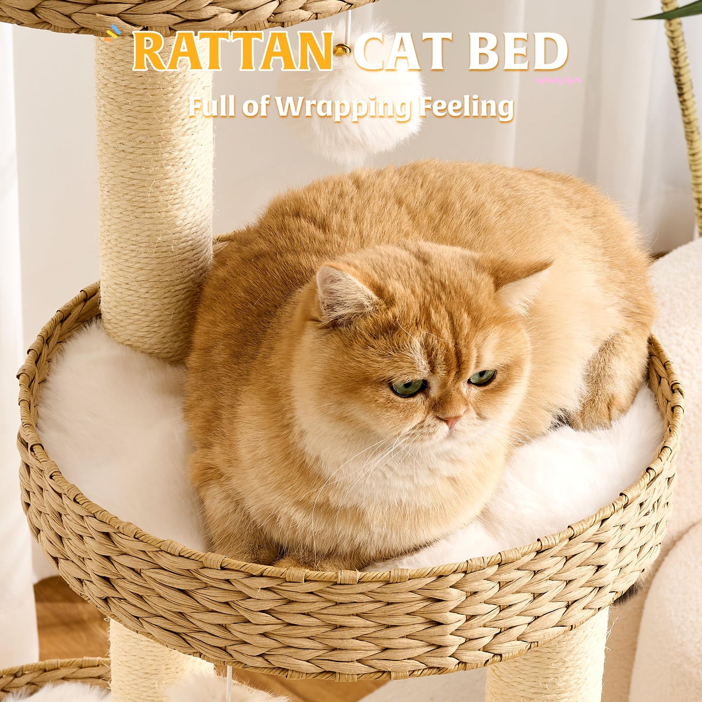 Solid Wood Cat Tree Tower 53 Inch Scratching Post Capsule Bed
