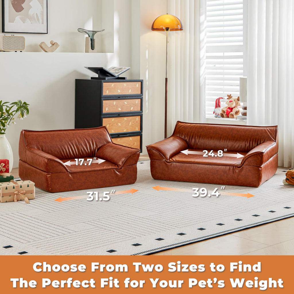 ATJafurn Leather Dog Couch Bed for Small Medium and Large Dogs, Brown Mid Century Modern Elevated Cat Sofa Bed Luxurious Indoor Furniture Style Pet Supplies for Puppy