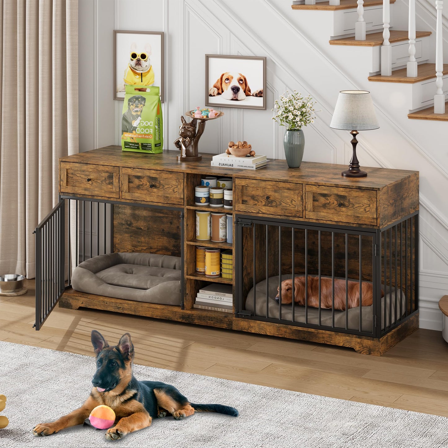 Dog Crate Indoor Kennel with Storage Drawers Shelves