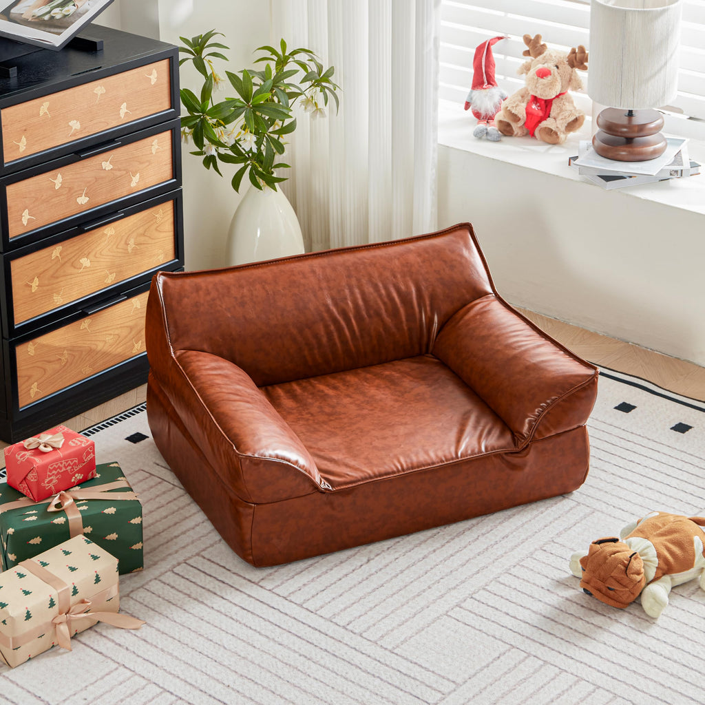 ATJafurn Leather Dog Couch Bed for Small Medium and Large Dogs, Brown Mid Century Modern Elevated Cat Sofa Bed Luxurious Indoor Furniture Style Pet Supplies for Puppy